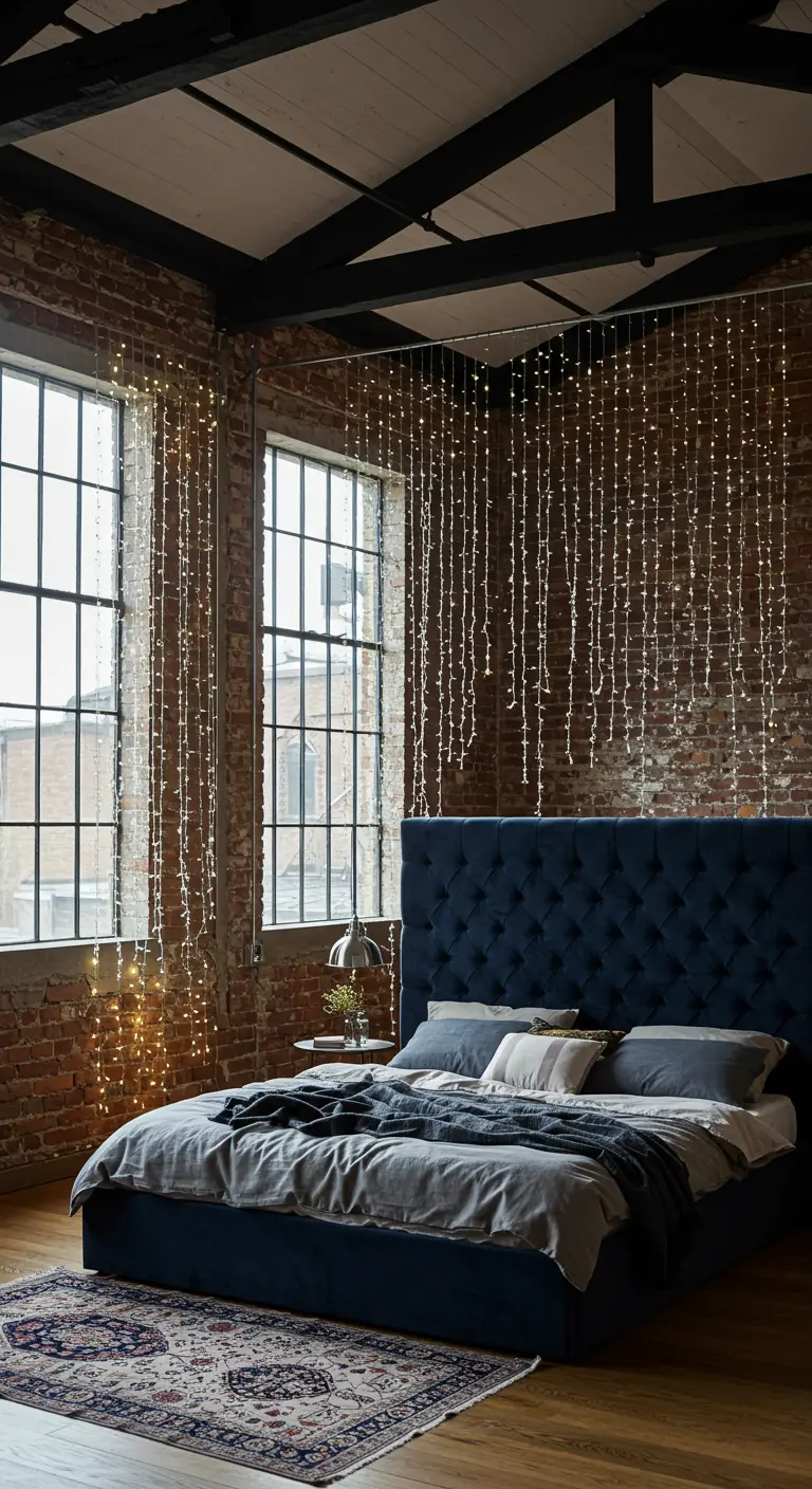 Tenda di luci a cascata appesa davanti a una parete di mattoni in un loft.