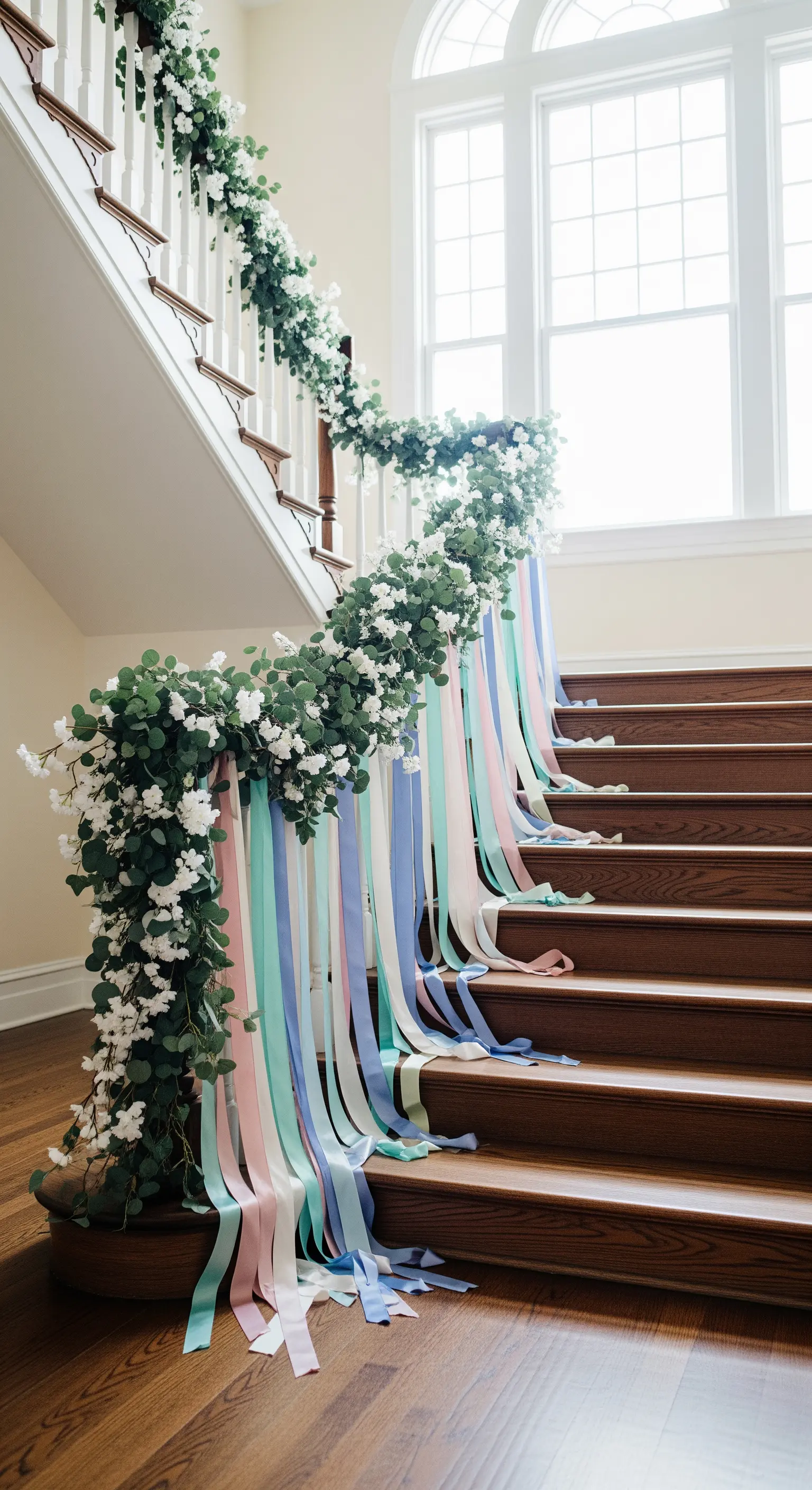 Corrimano di una scala in legno decorato con una ghirlanda di fiori e nastri color pastello.