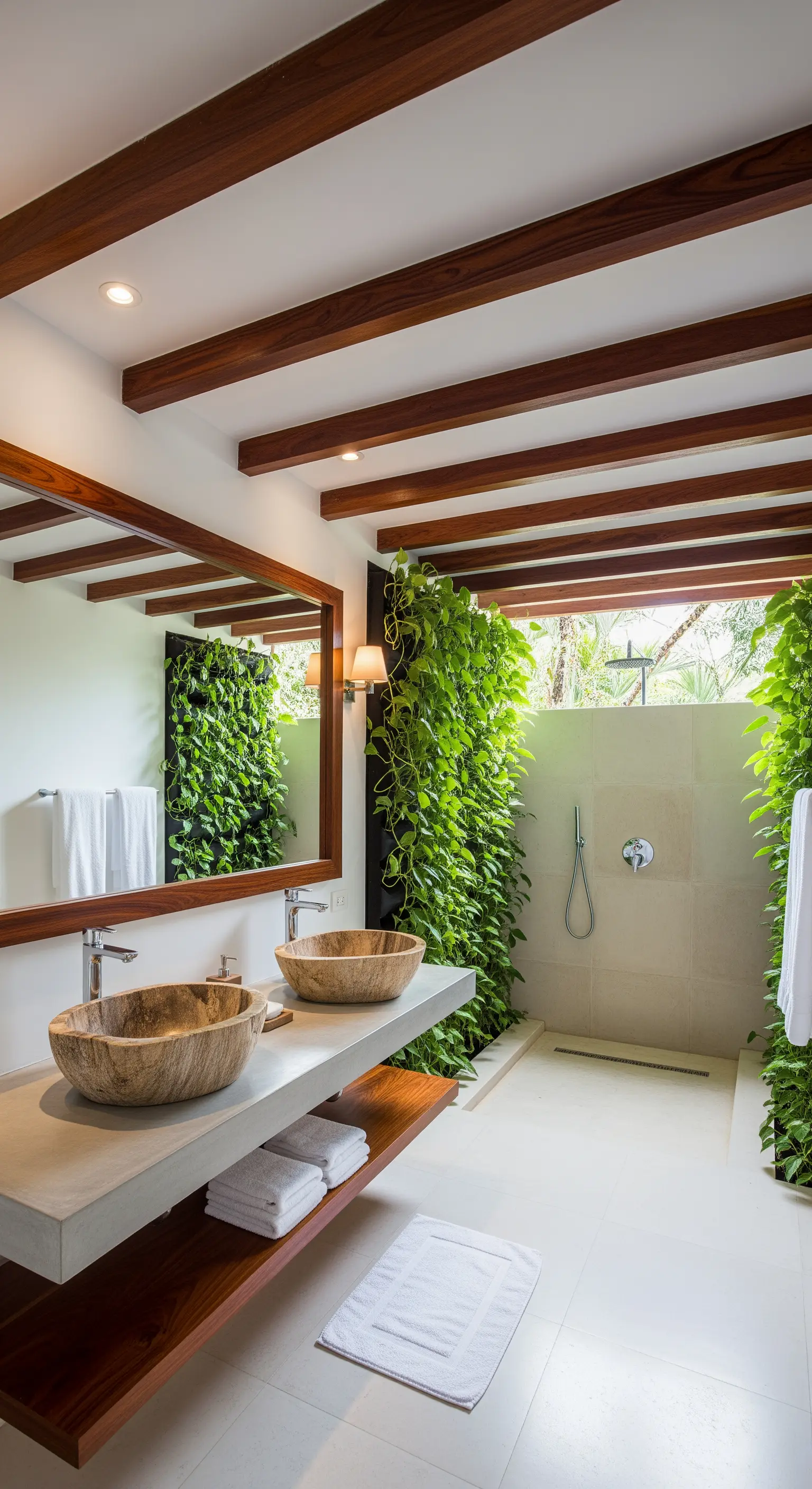 Bagno con parete verde verticale, lavabi in legno e piano in cemento.