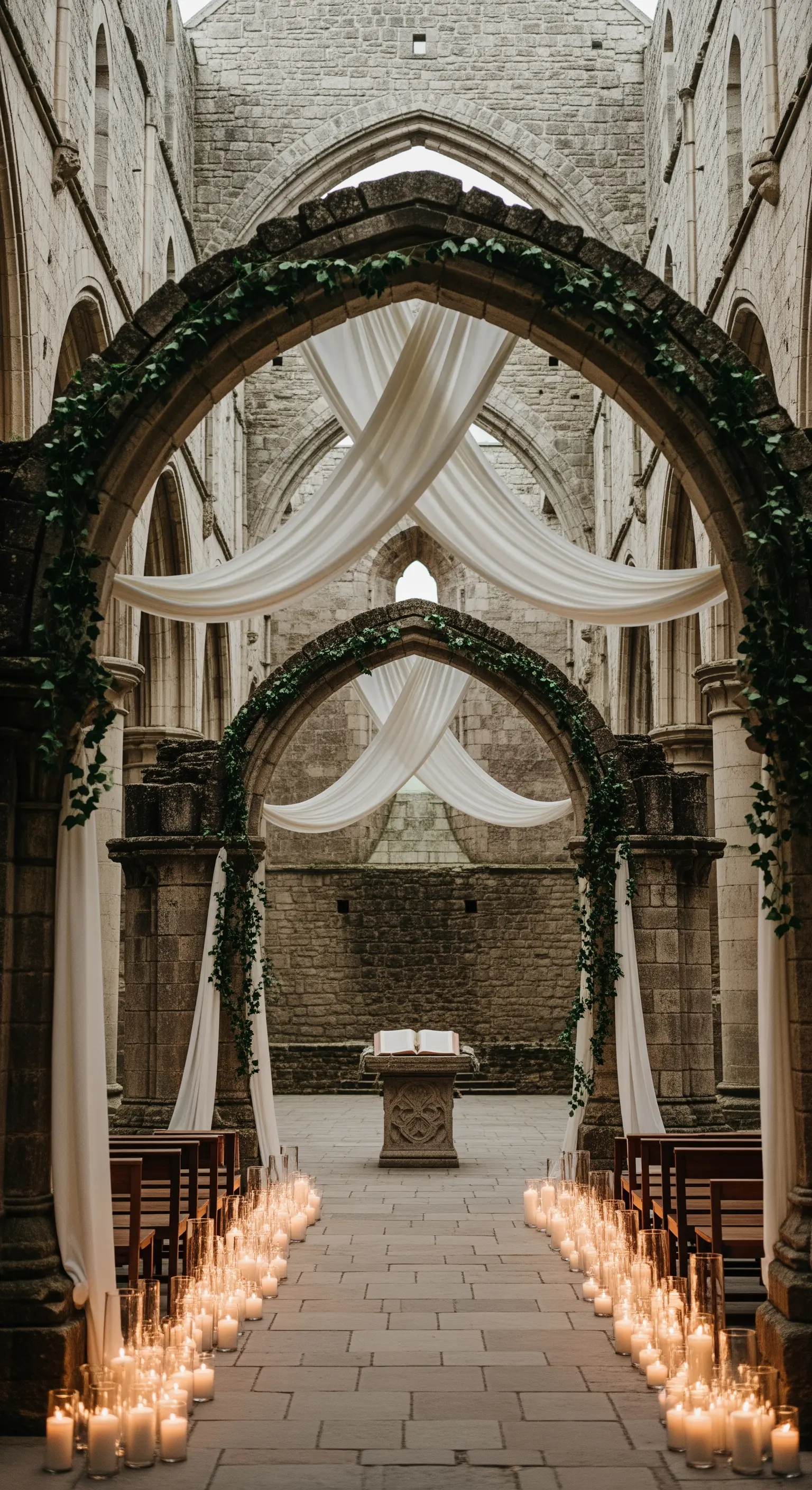 Cerimonia nuziale tra le rovine di un'abbazia, con navata illuminata da centinaia di candele.