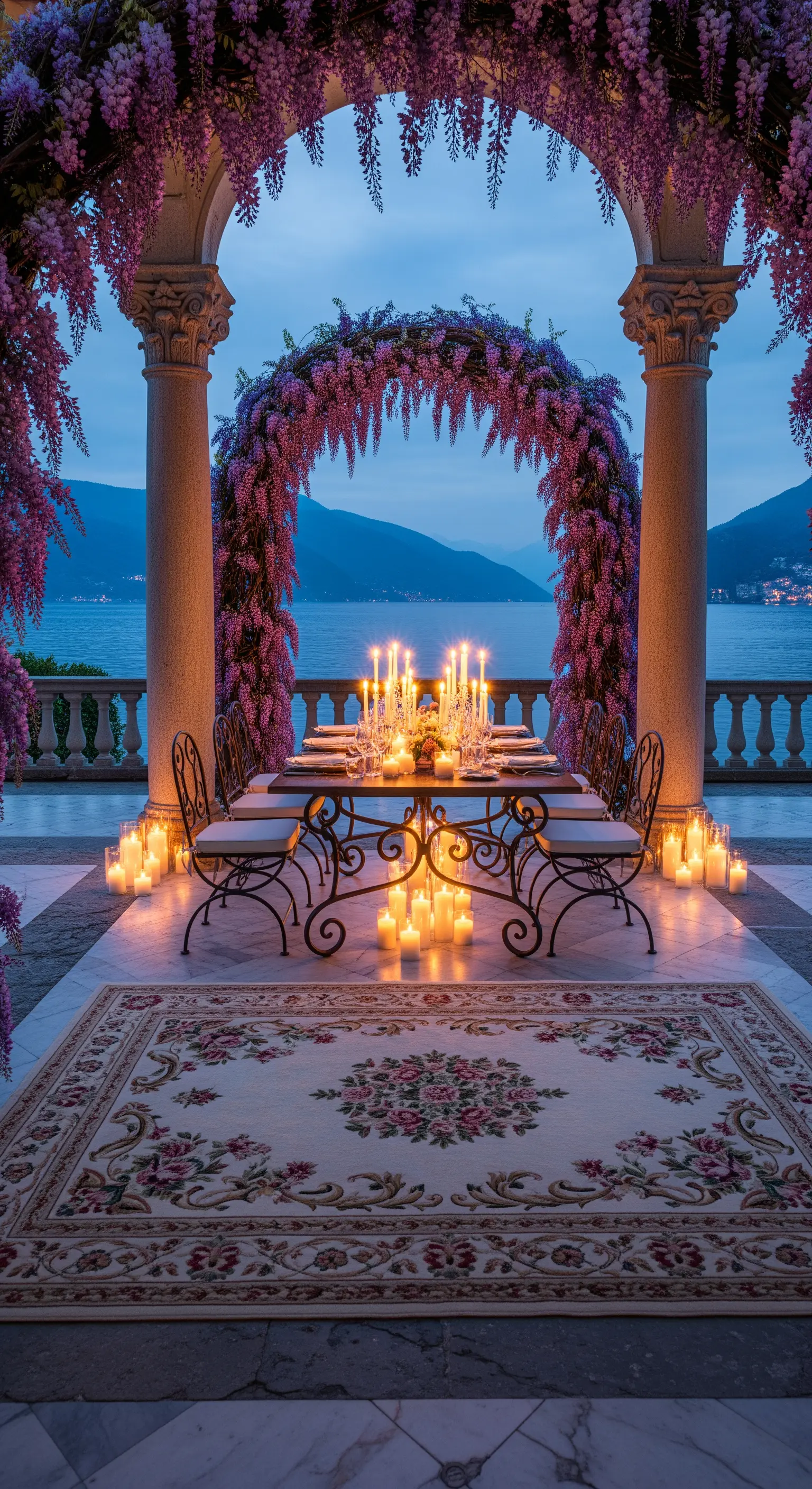 Tavola da pranzo sotto un'arcata di glicine e candele, con vista su un lago al tramonto