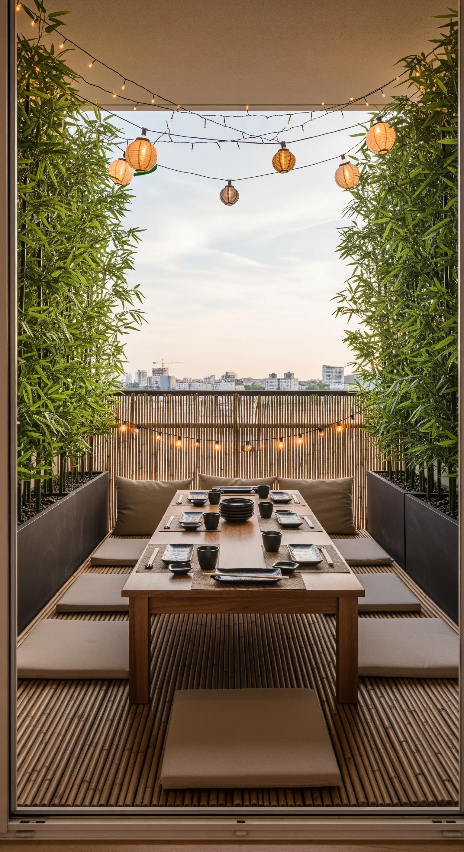 Balcone con tavolo da pranzo basso, circondato da alte piante di bambù e illuminato da lucine.