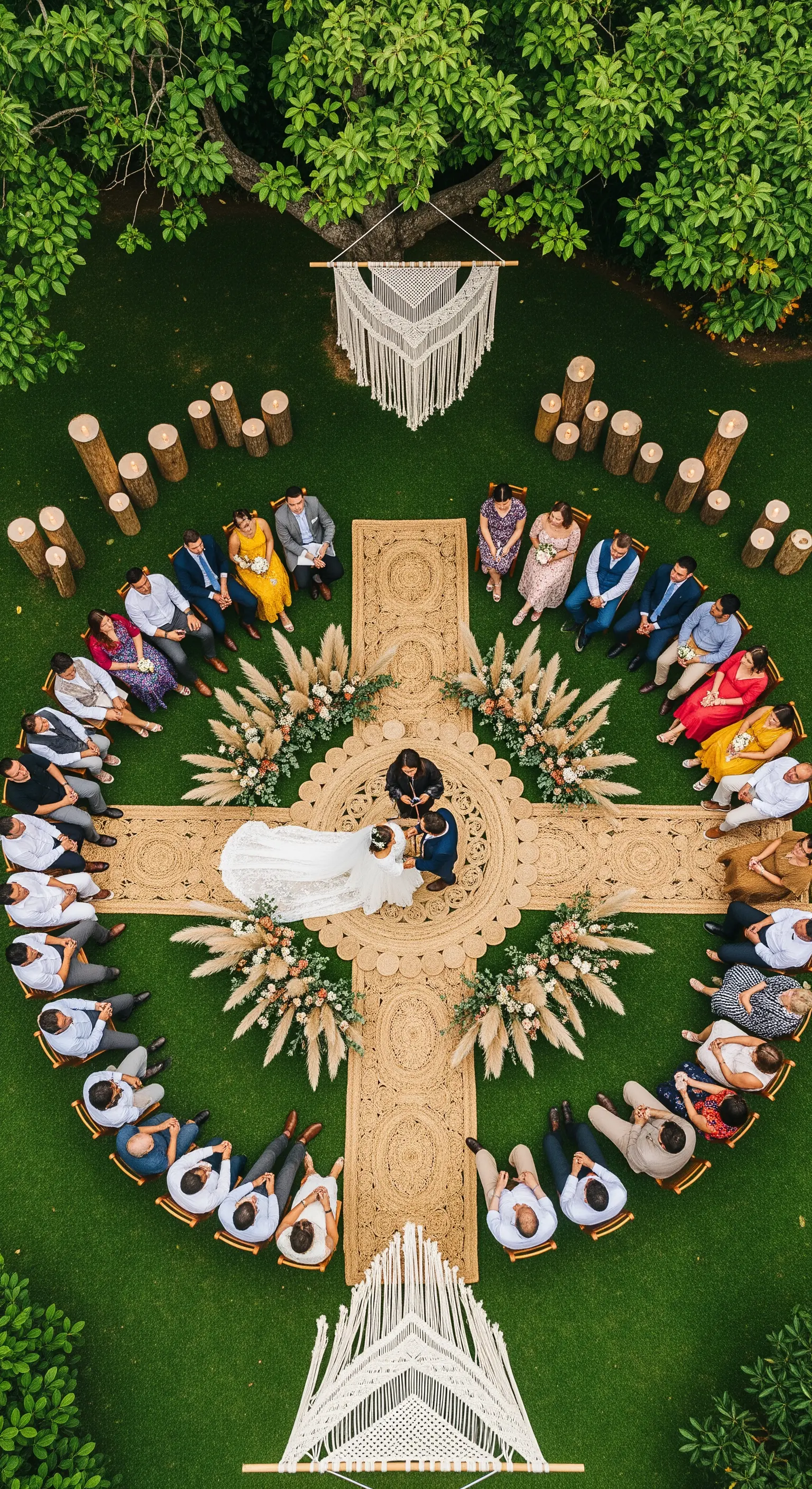 Vista aerea di una cerimonia nuziale con gli ospiti seduti in cerchio attorno agli sposi.