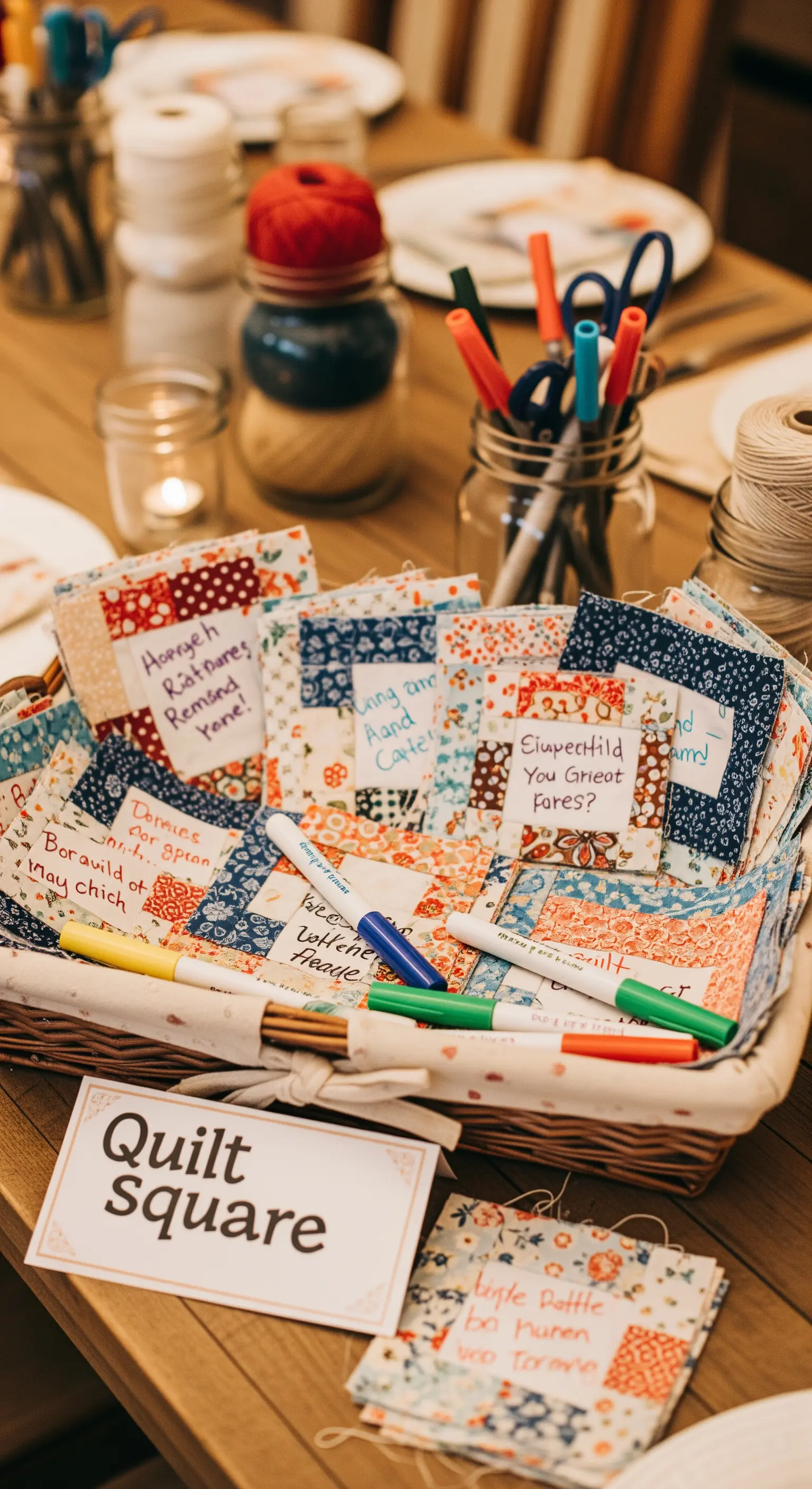 Guestbook creativo con messaggi scritti su quadrati di stoffa per creare una trapunta