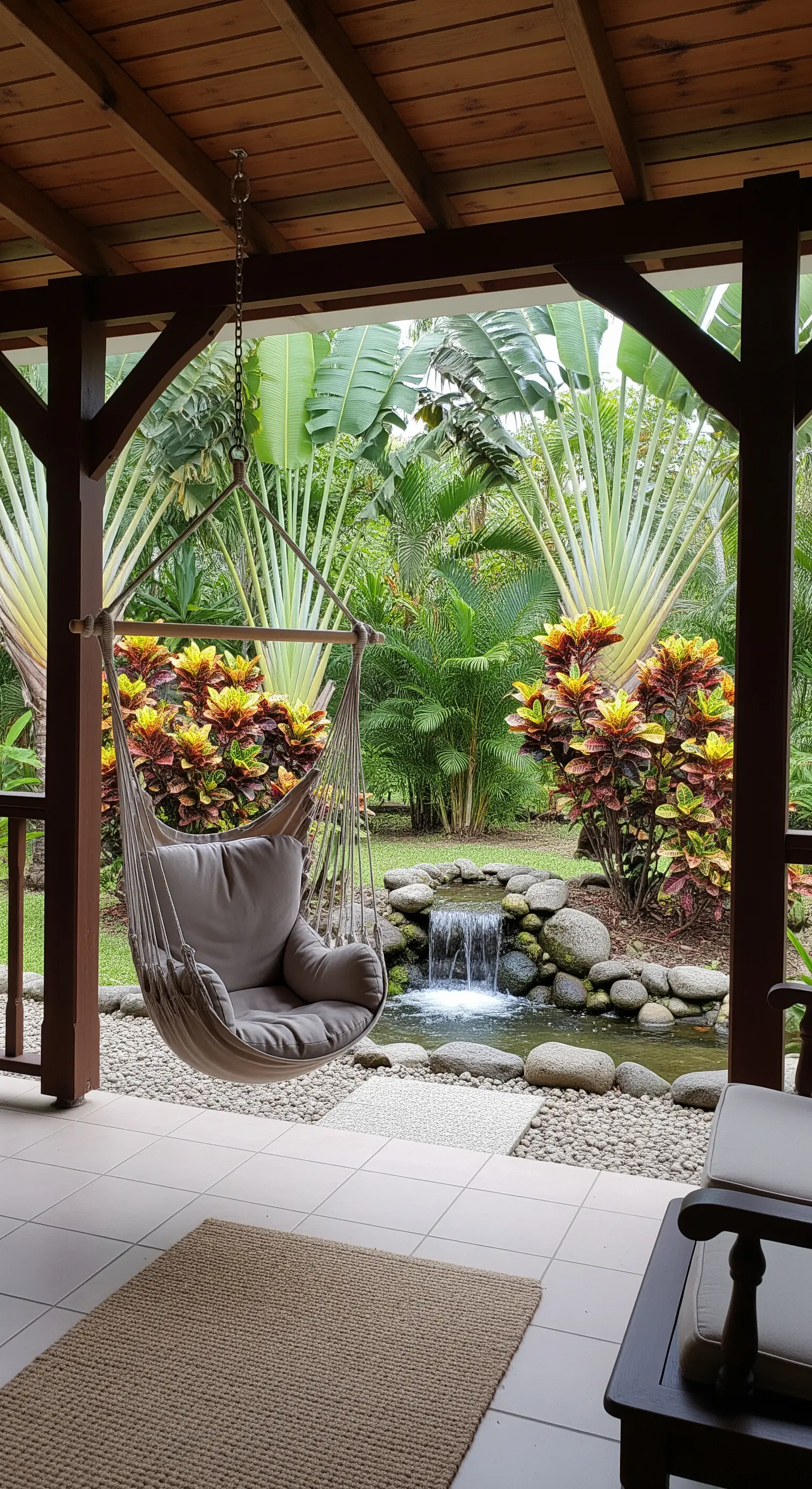 Poltrona sospesa su un portico in legno con vista su giardino e cascatella.