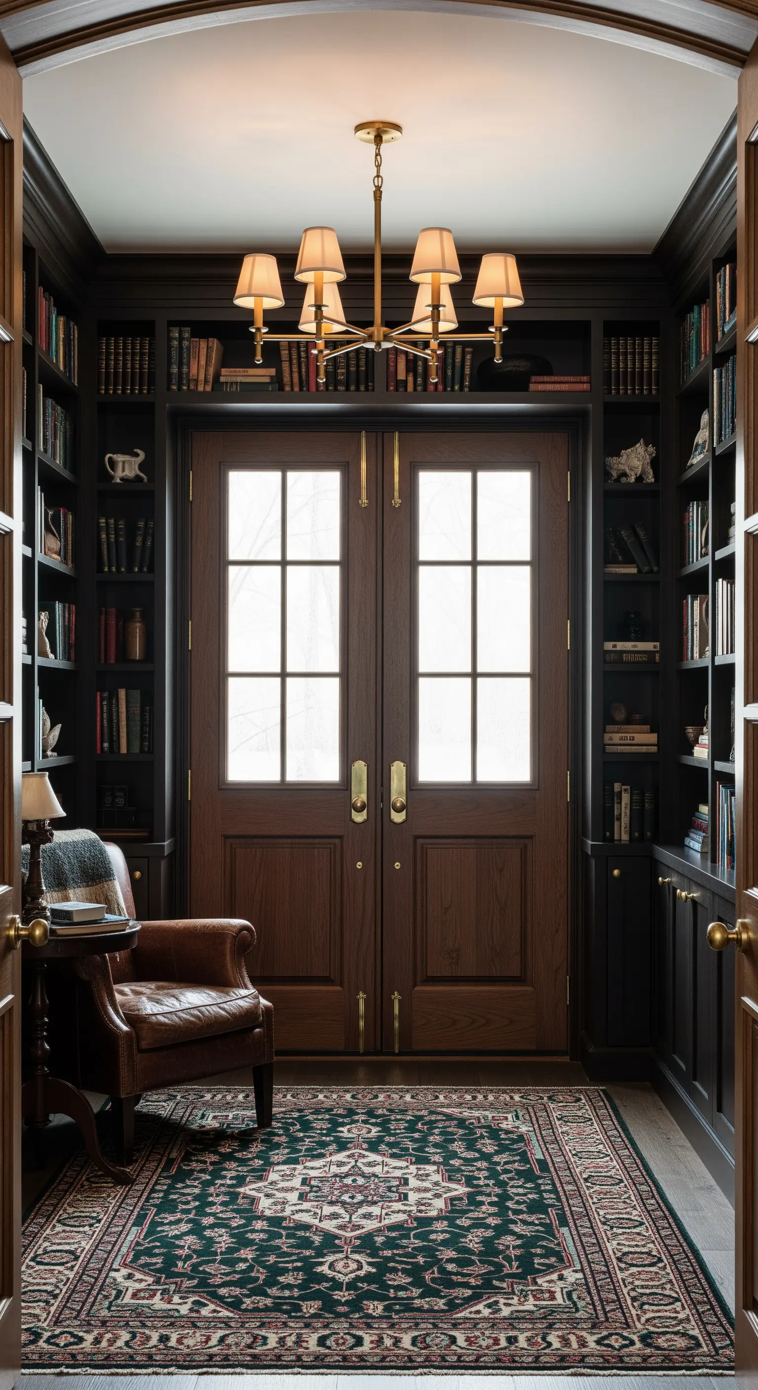 Ingresso incorniciato da librerie in legno scuro, con poltrona in pelle e tappeto verde.