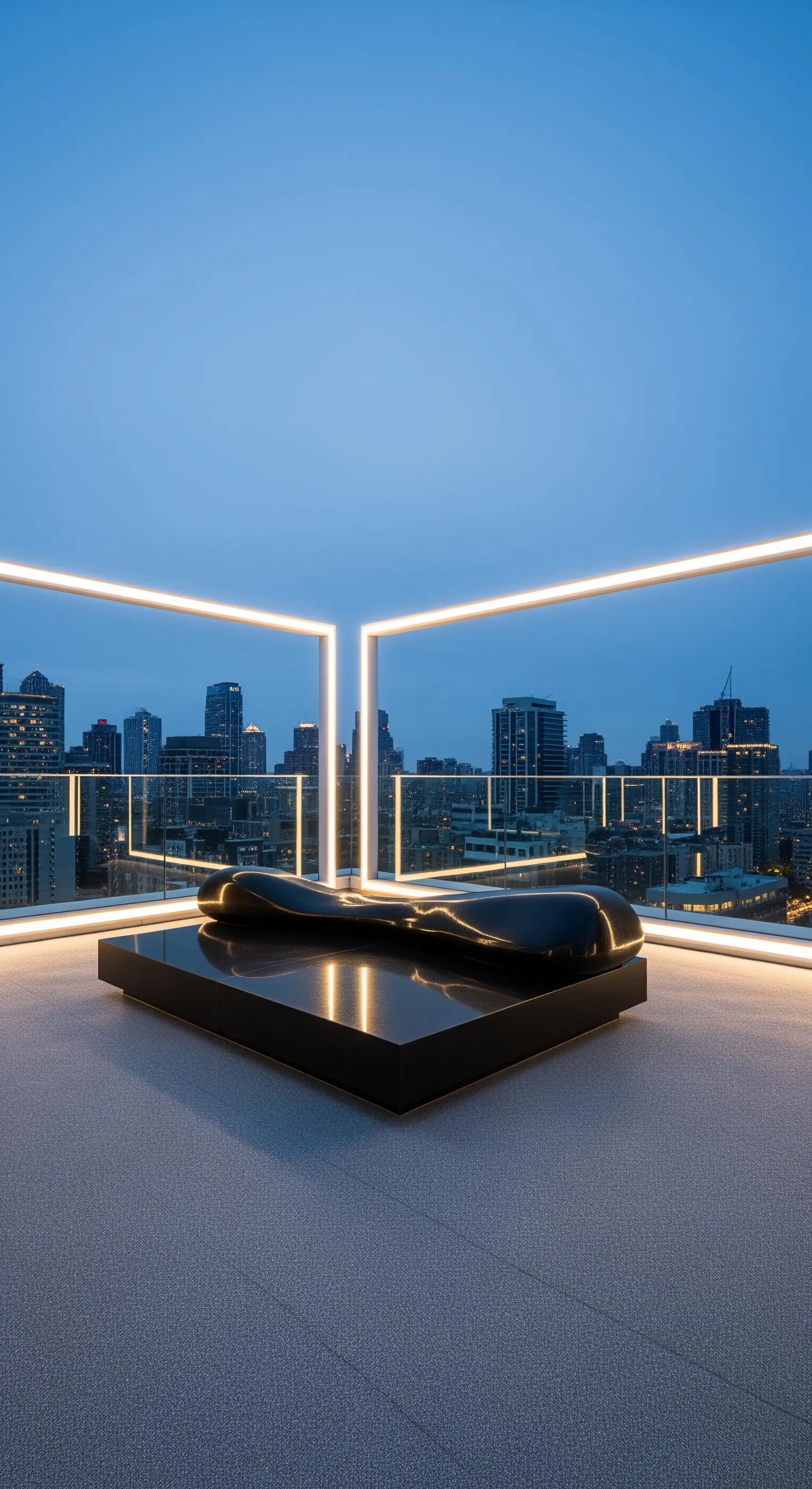 Scultura-chaise longue nera su un terrazzo panoramico con illuminazione a LED che incornicia la vista.