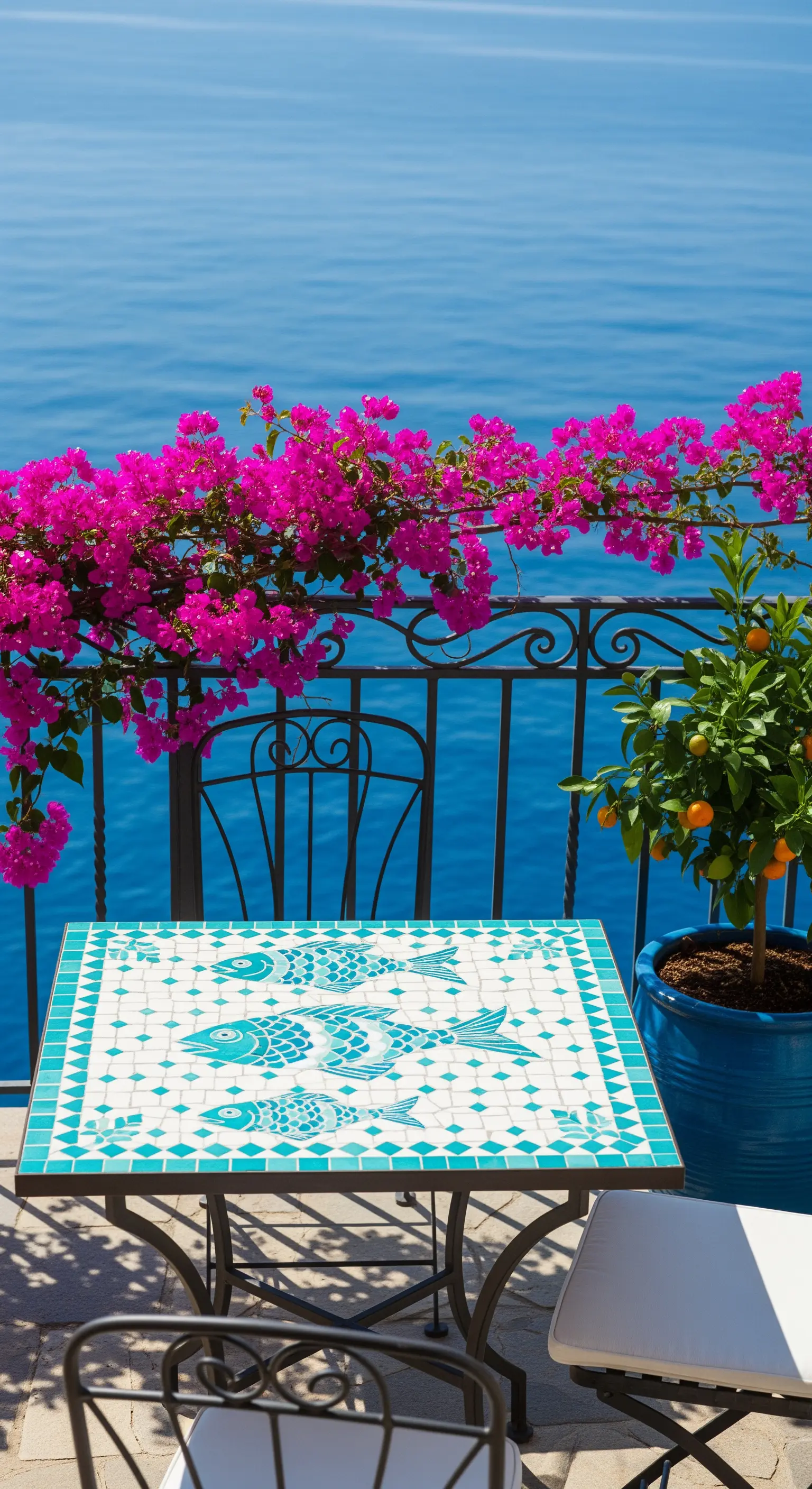 Balcone con tavolo in mosaico, bouganville sulla ringhiera e vista sul mare blu.