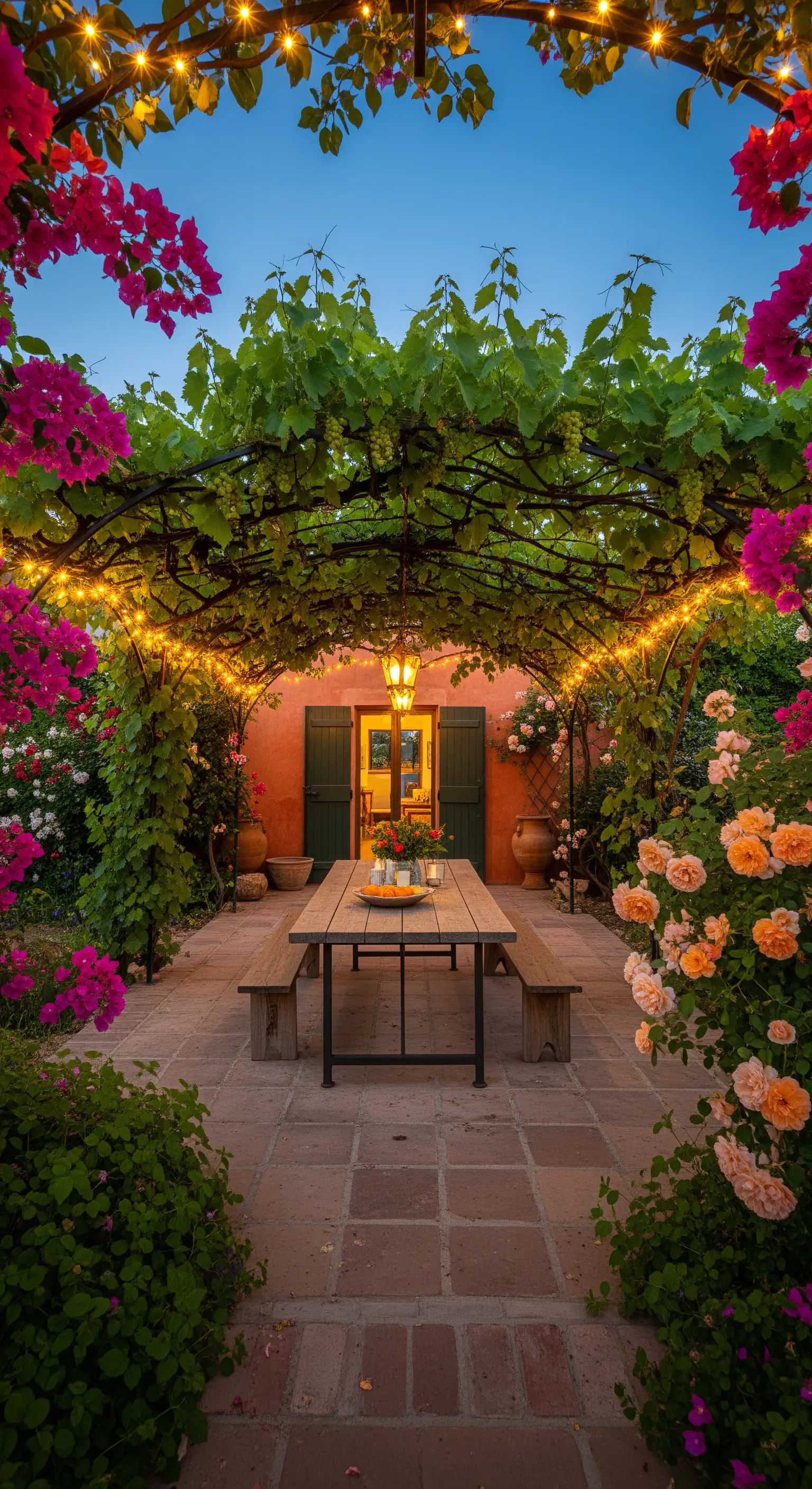 Pergola avvolta da bouganville e rose rosa, con un tavolo da pranzo illuminato.