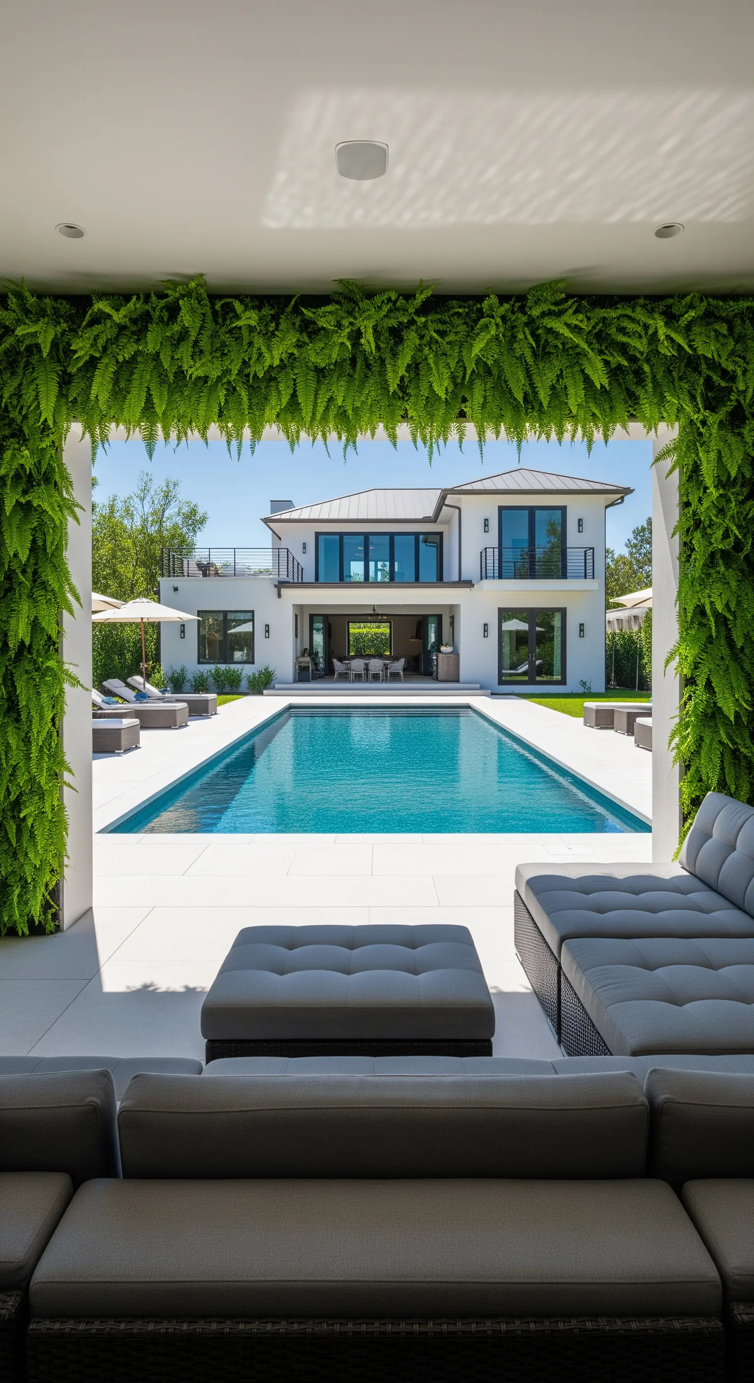 Vista dalla veranda incorniciata di felci verso una piscina e una grande villa bianca.