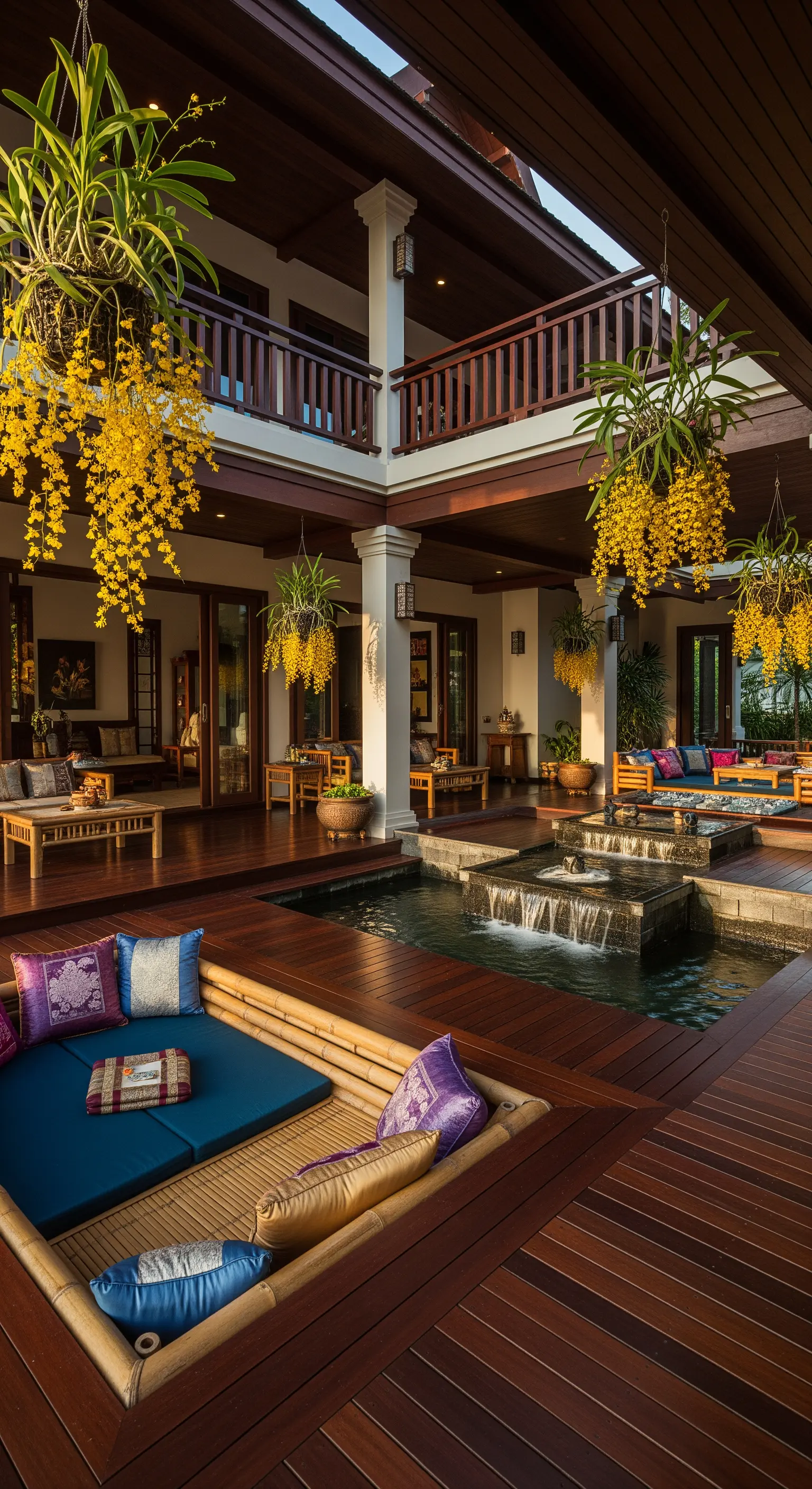 Corte interna con seduta incassata, fontana centrale e cesti di orchidee gialle pendenti.