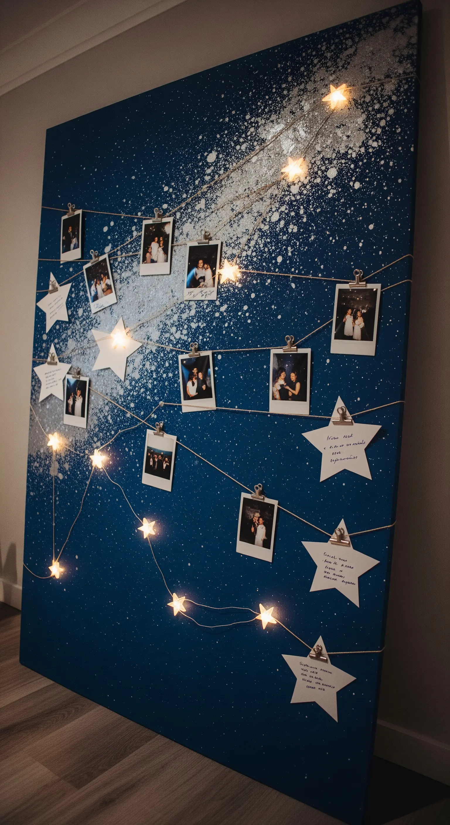 Grande tela blu dipinta come un cielo stellato, con lucine e polaroid appese.