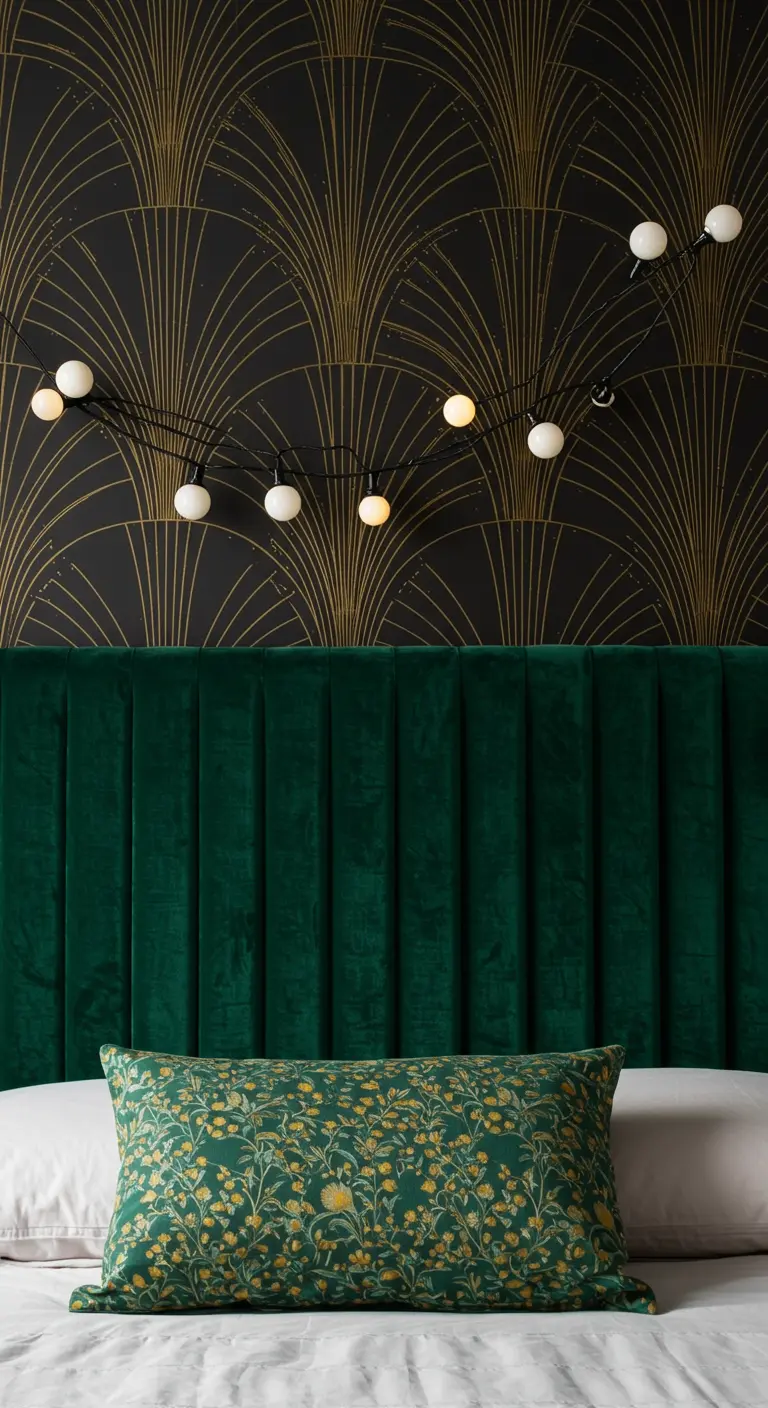 Lampada moderna nera con bulbi sferici sopra una testiera in velluto verde scuro.