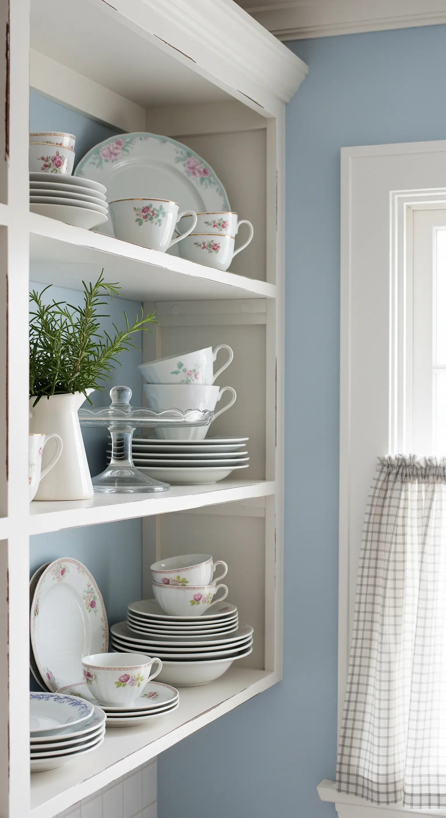 Credenza bianca con interno azzurro che espone un servizio di piatti e tazze in porcellana.