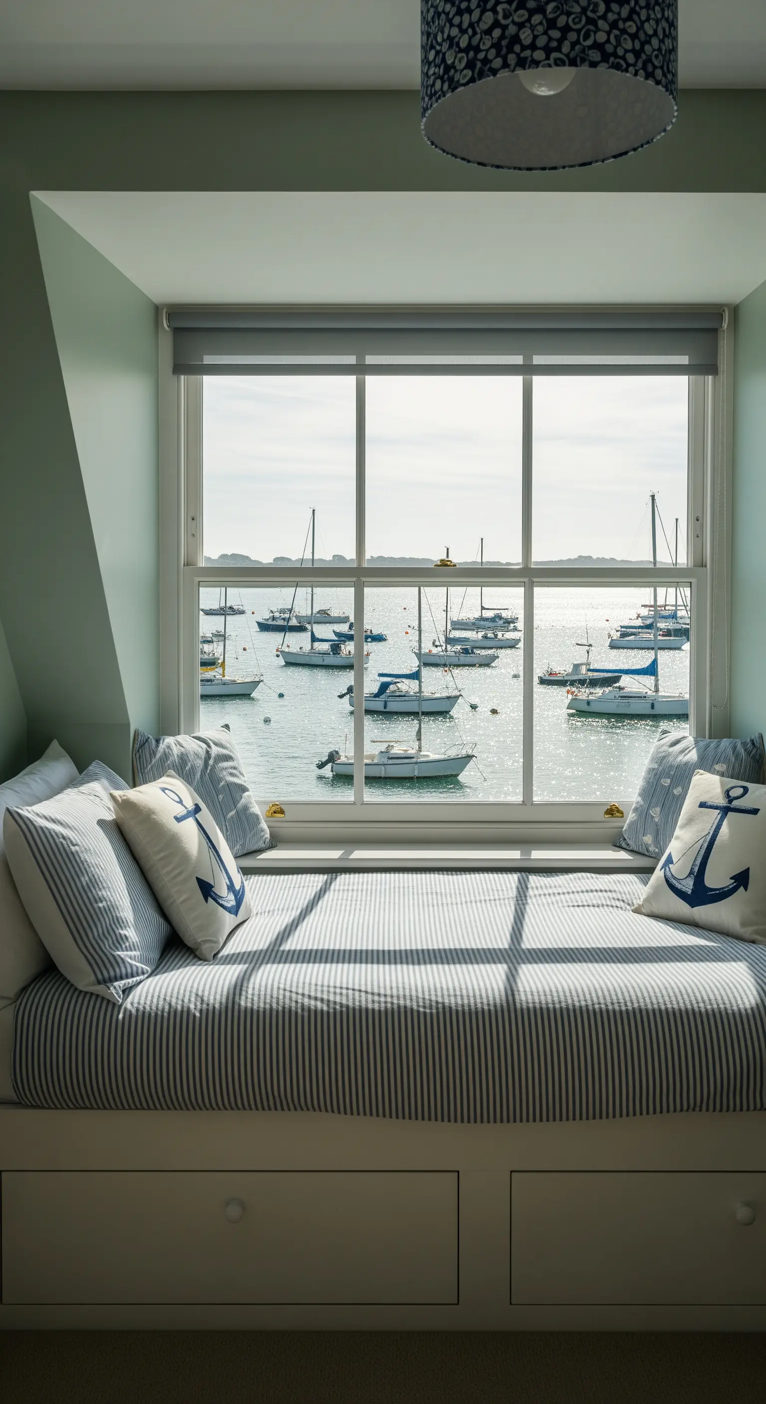 Letto-panca a tema nautico incassato sotto una finestra con vista su un porto.