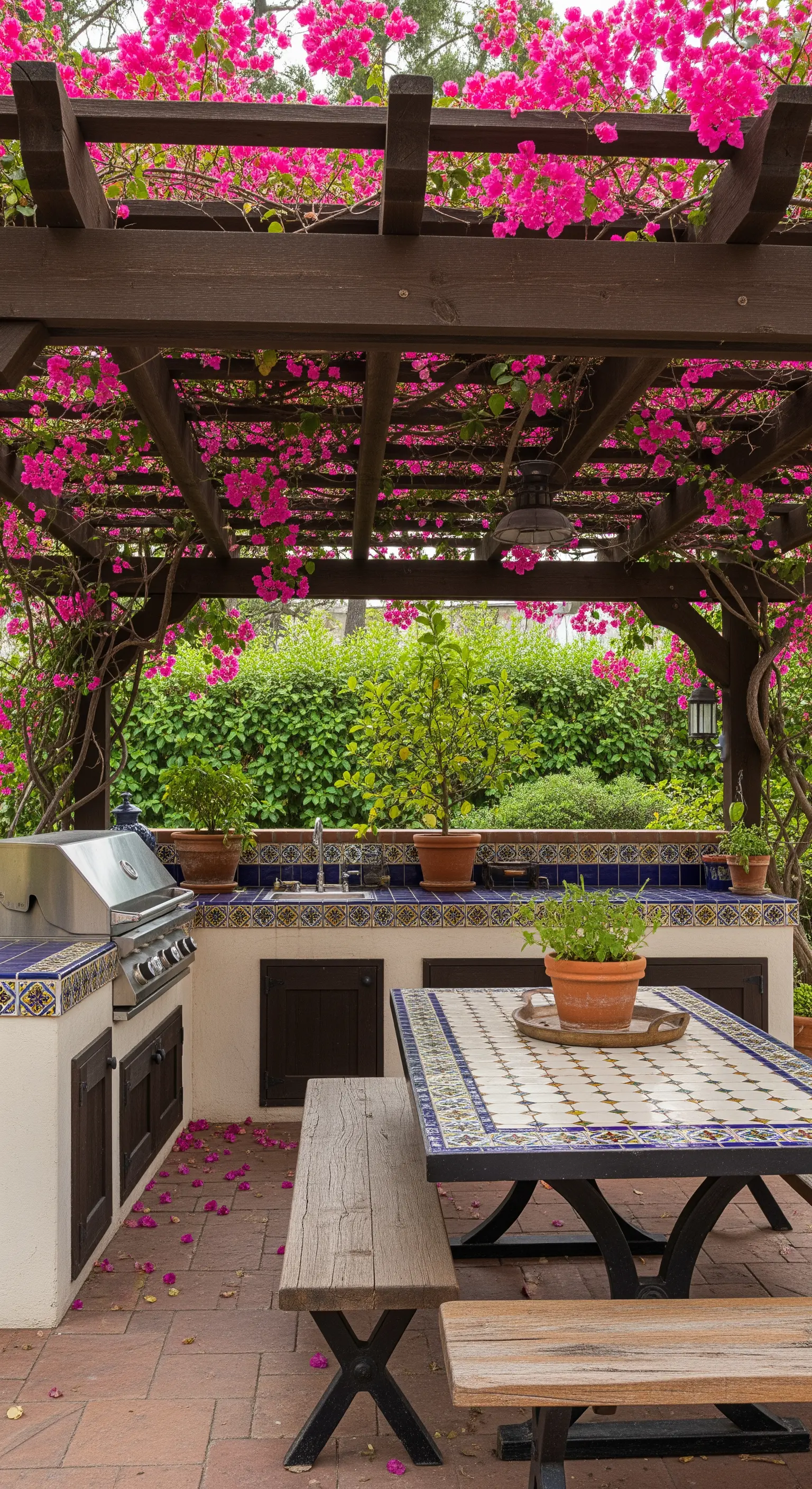 Cucina all'aperto con barbecue e top in mosaico sotto un pergolato ricoperto di bouganville.
