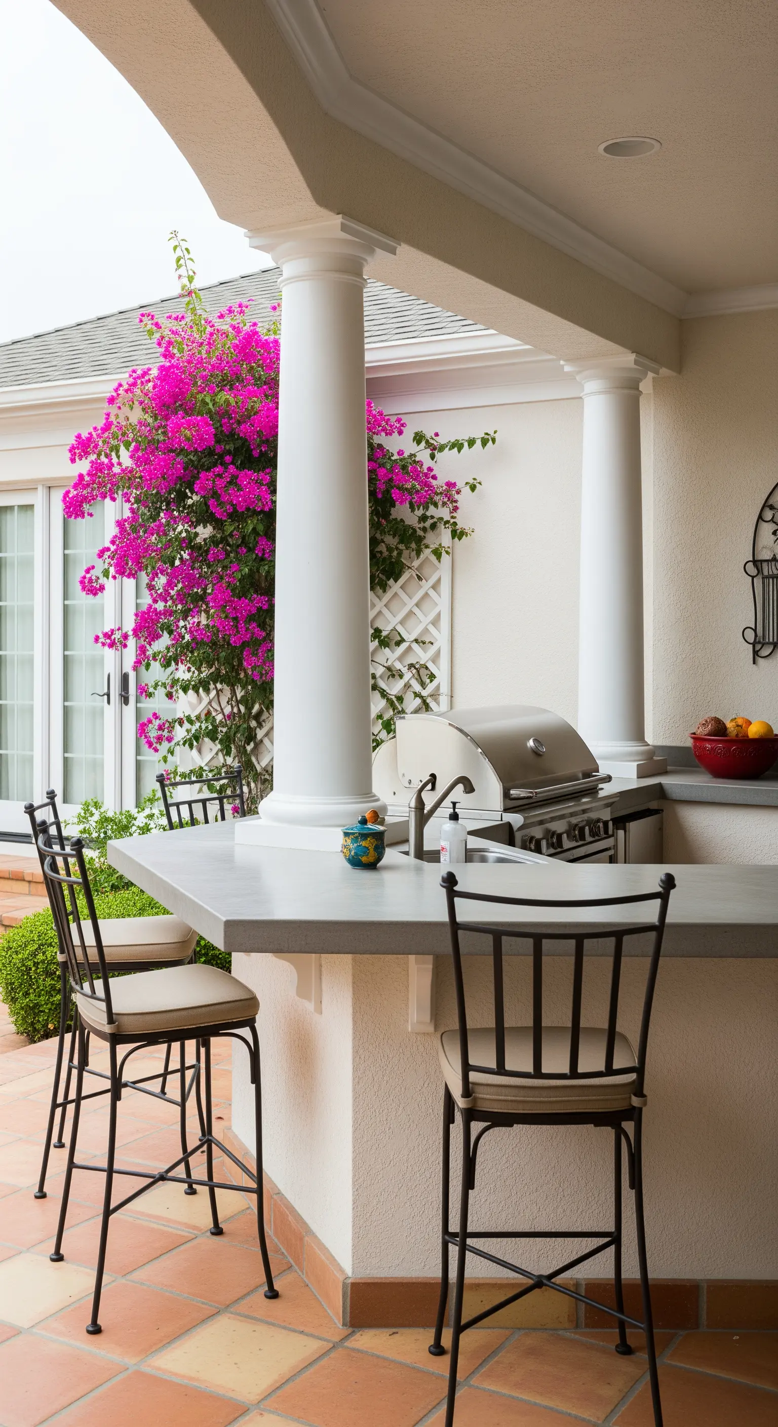 Angolo bar con grill e sgabelli alti integrato in un portico con pavimento in cotto