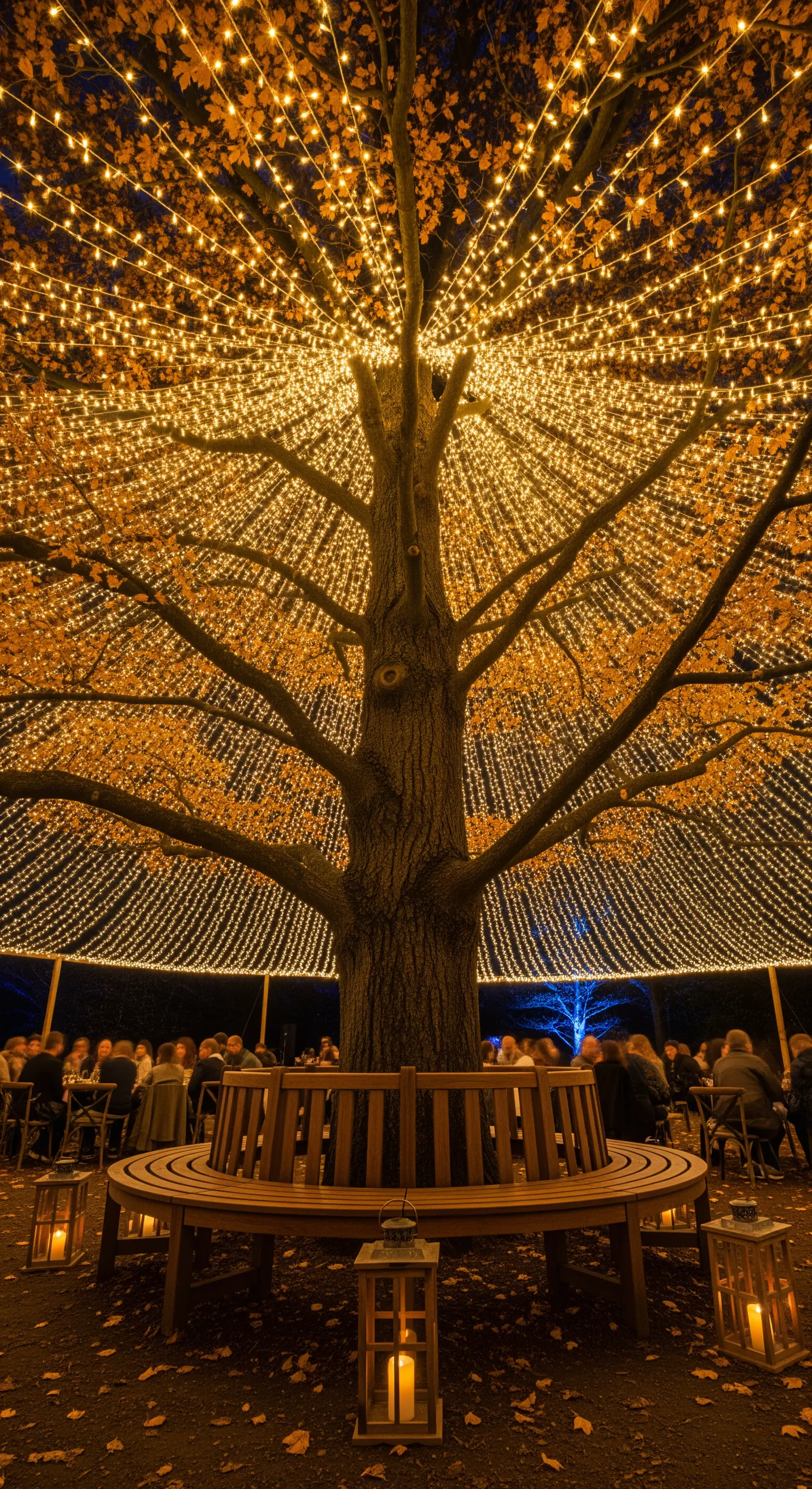 Grande albero con una cupola di lucine e una panca circolare per cene all'aperto.