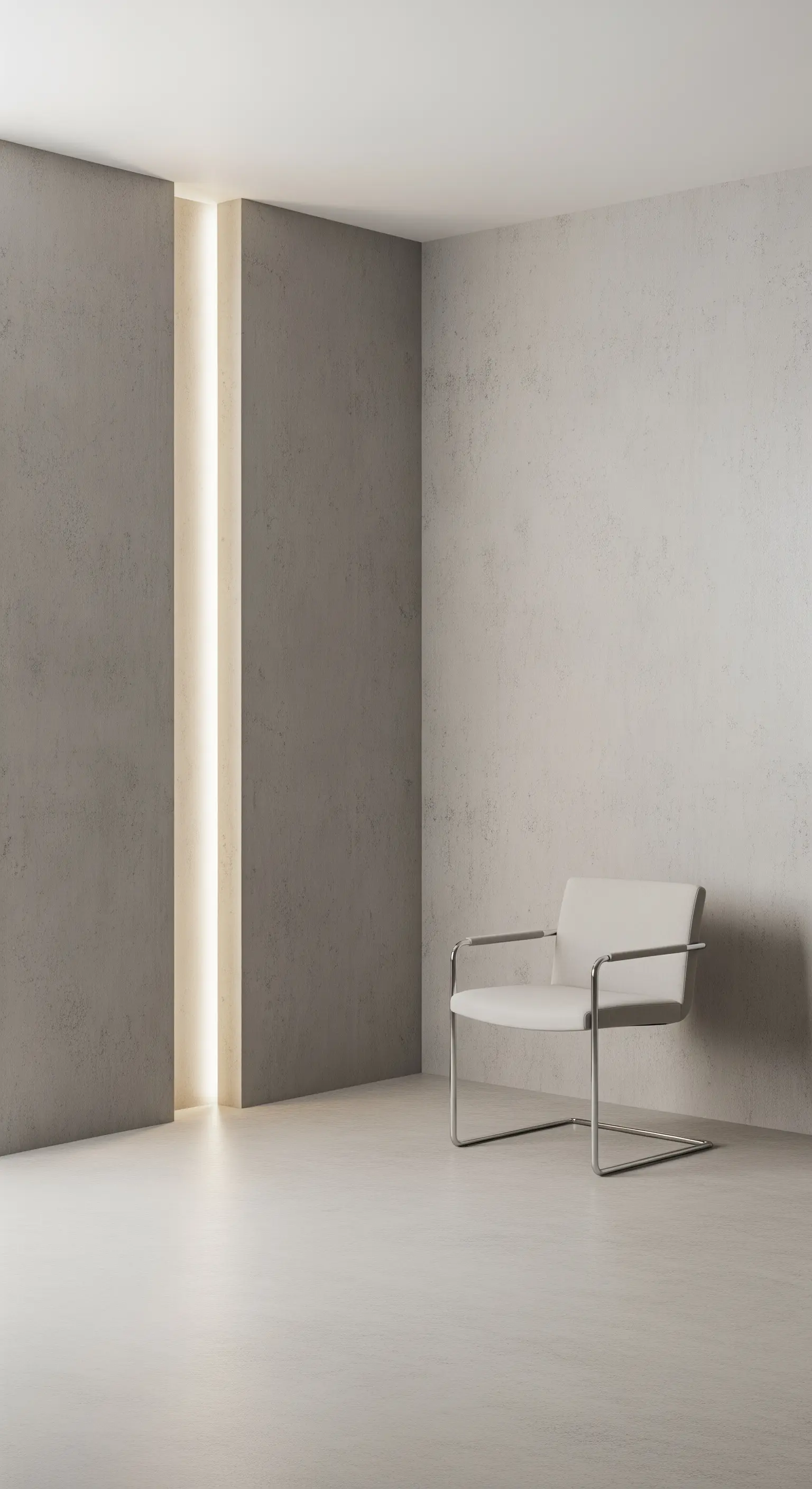 Stanza minimalista con parete in cemento e una fessura di luce verticale.