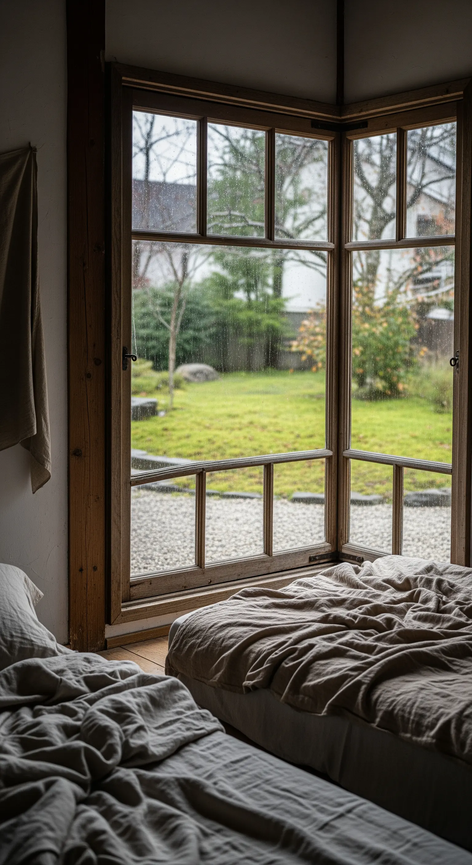 Letto accogliente vicino a una finestra ad angolo con vista su un giardino.