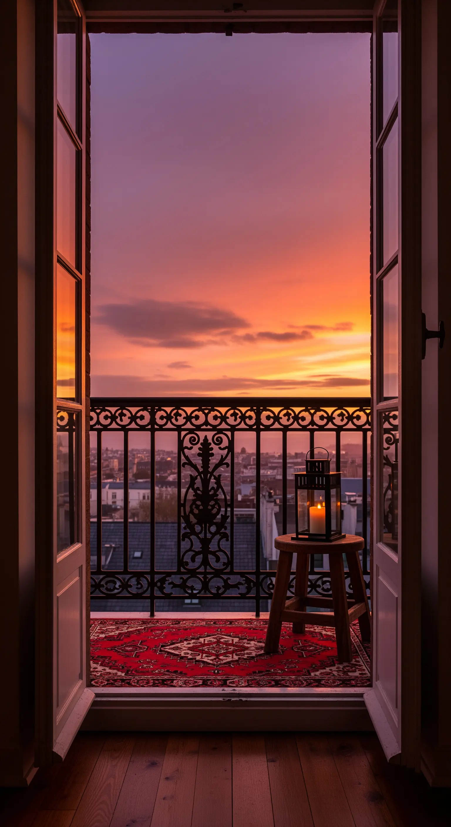 Balcone con ringhiera in ferro battuto, tappeto rosso e lanterna al tramonto.