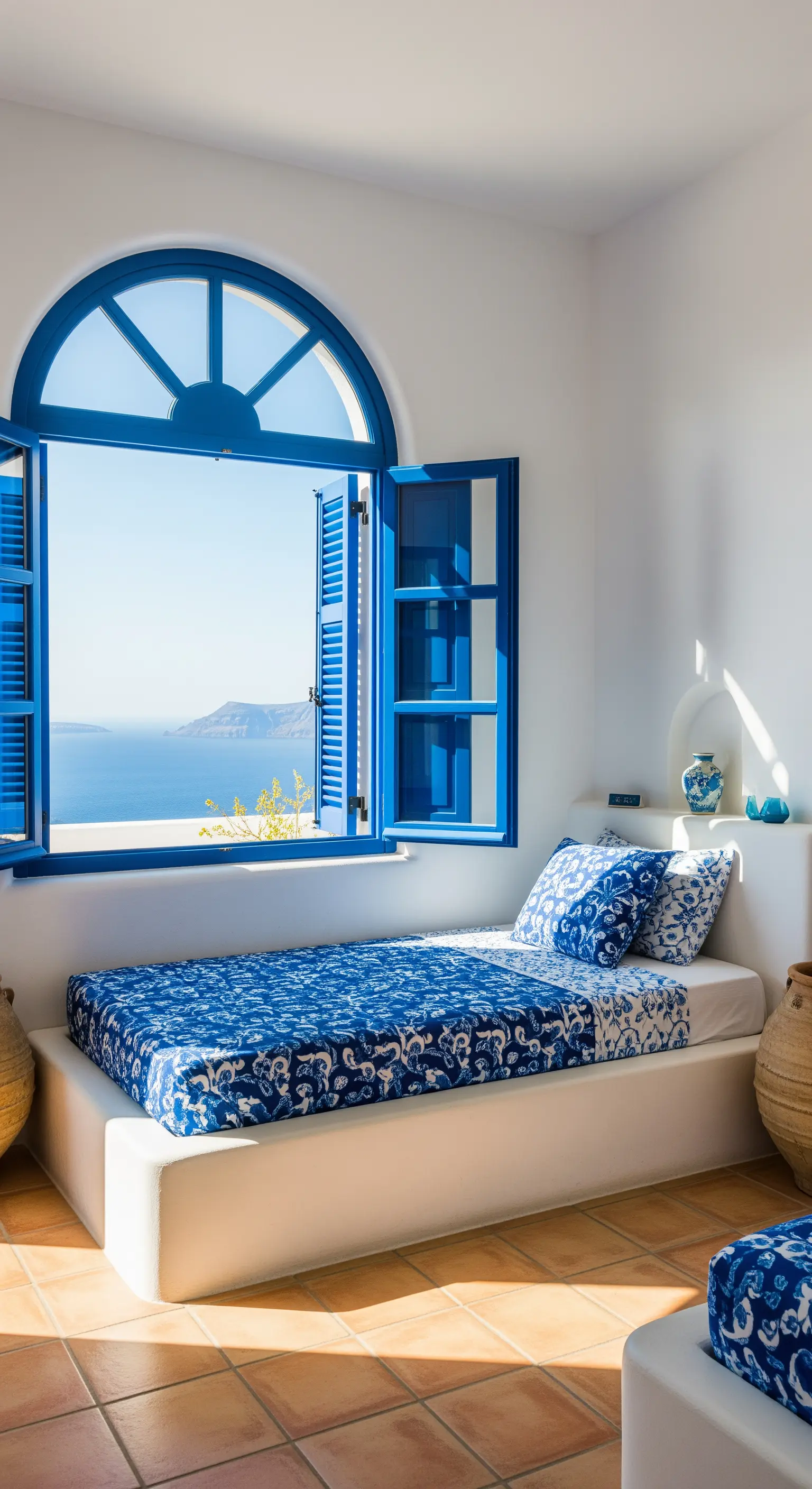 Stanza bianca e blu in stile greco con finestra ad arco e vista sul mare.
