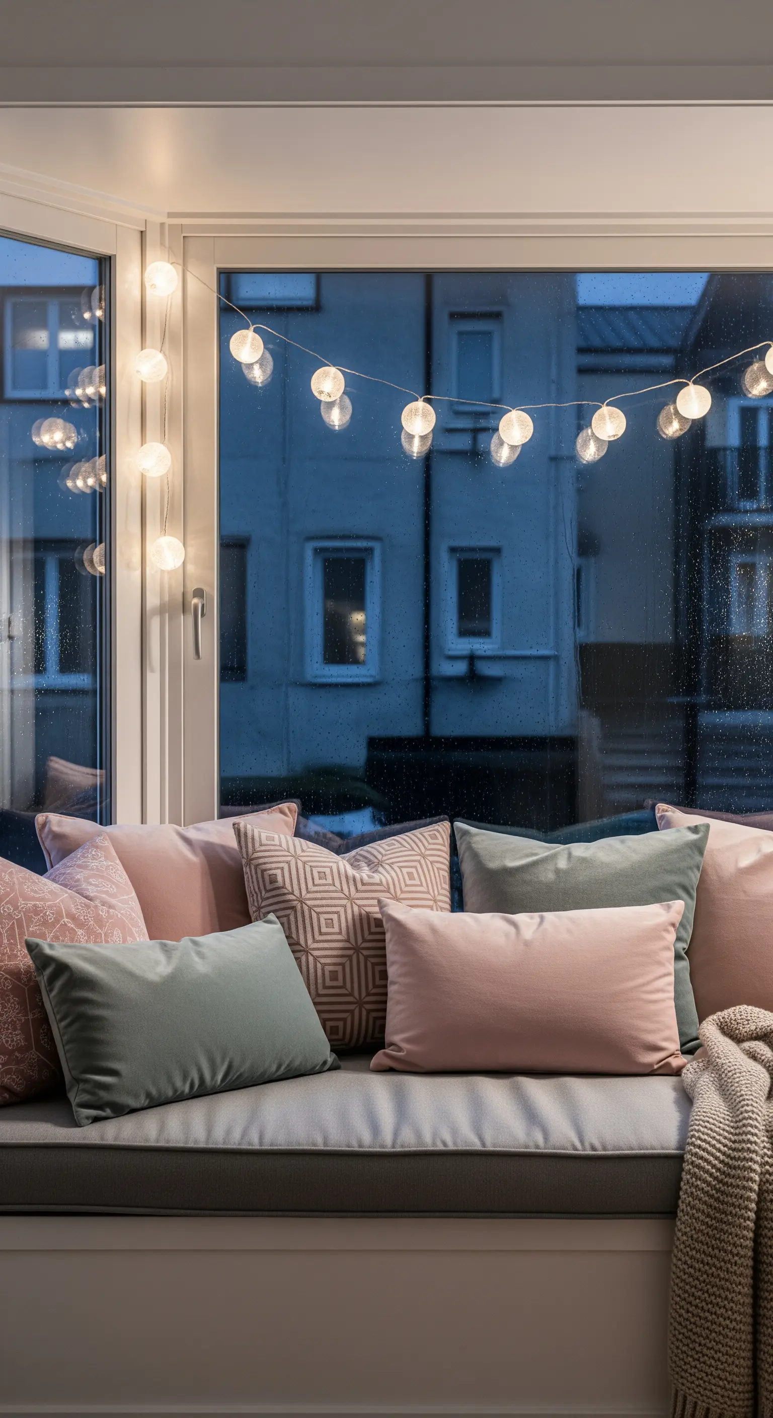 Panca sottofinestra con cuscini rosa e verdi, illuminata da una stringa di luci sferiche.