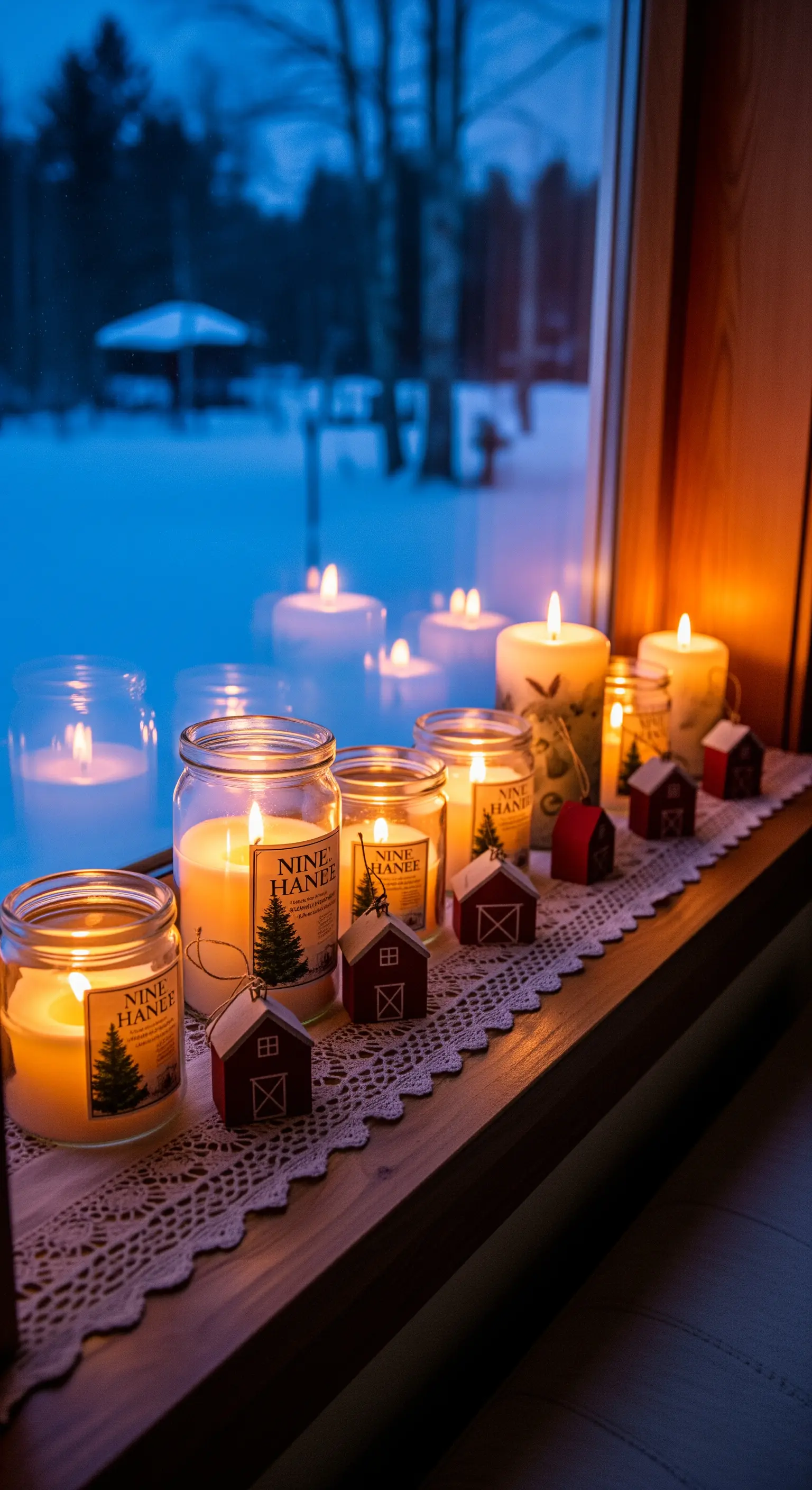 Davanzale di una finestra innevata con candele in barattolo e decorazioni a forma di casetta.