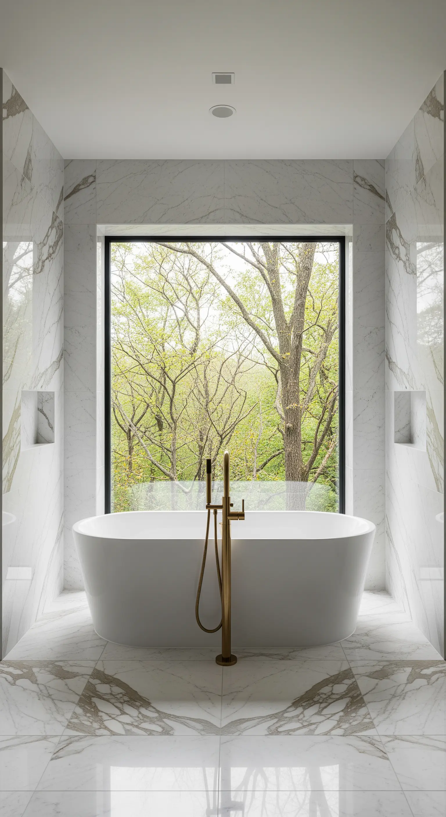 Vasca da bagno bianca posizionata di fronte a una grande finestra con vista su un bosco.