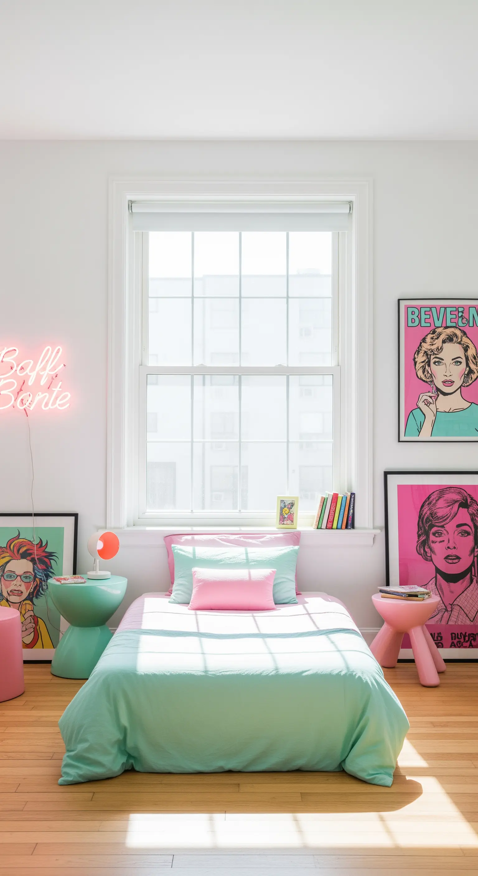 Camera da letto per ragazzi con arredi colorati e poster pop art attorno alla finestra.