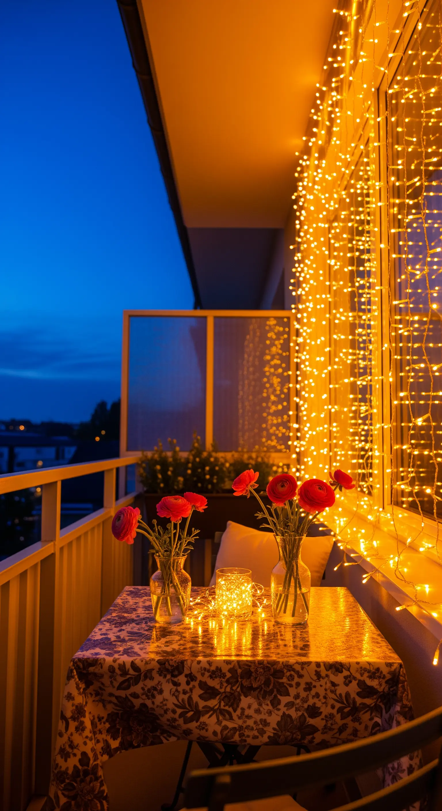 Tavolo su un balcone di notte, con la porta-finestra alle spalle coperta da una fitta tenda di lucine calde