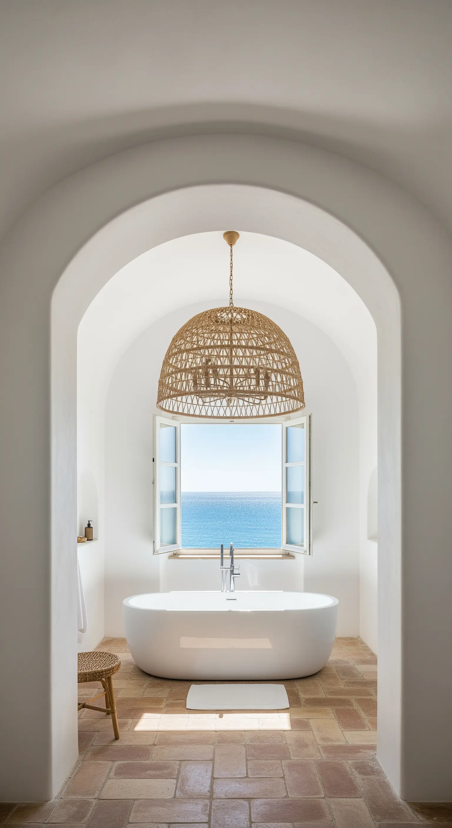 Bagno in stile mediterraneo con lampadario in rattan e finestra ad arco affacciata sul mare.