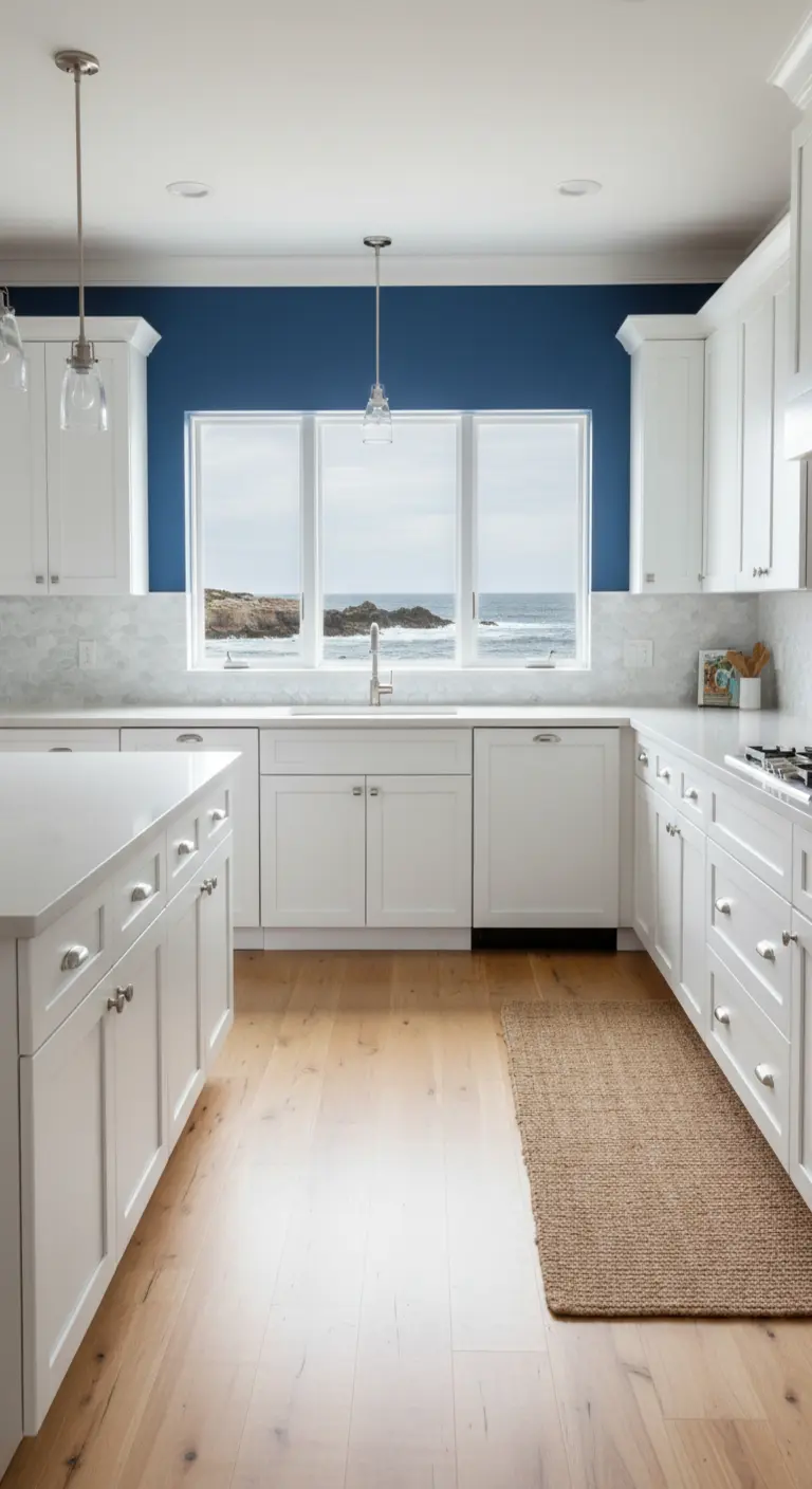 Cucina con parete blu intenso che incornicia una finestra con vista sul mare e mobili bianchi.
