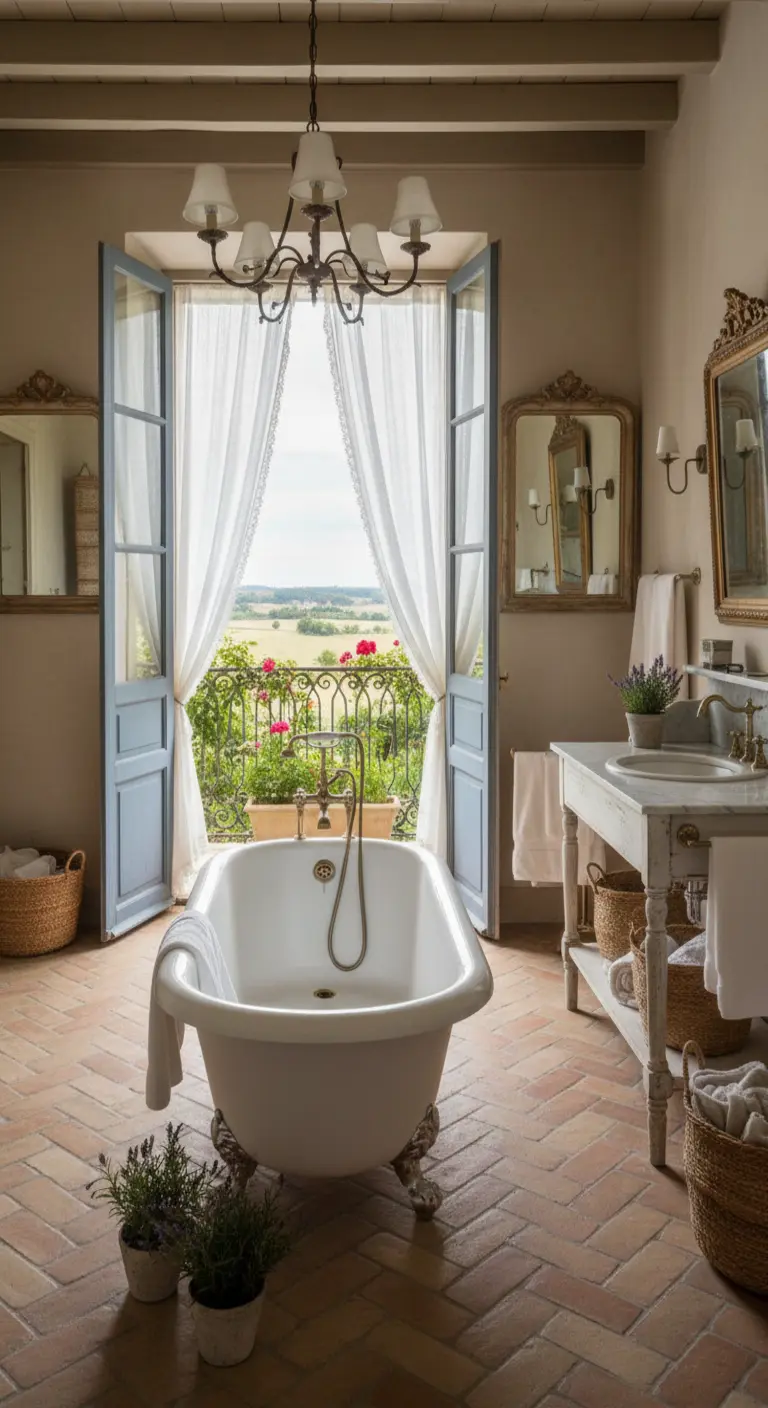 Bagno in stile rustico con vasca freestanding davanti a una portafinestra aperta su un paesaggio collinare.