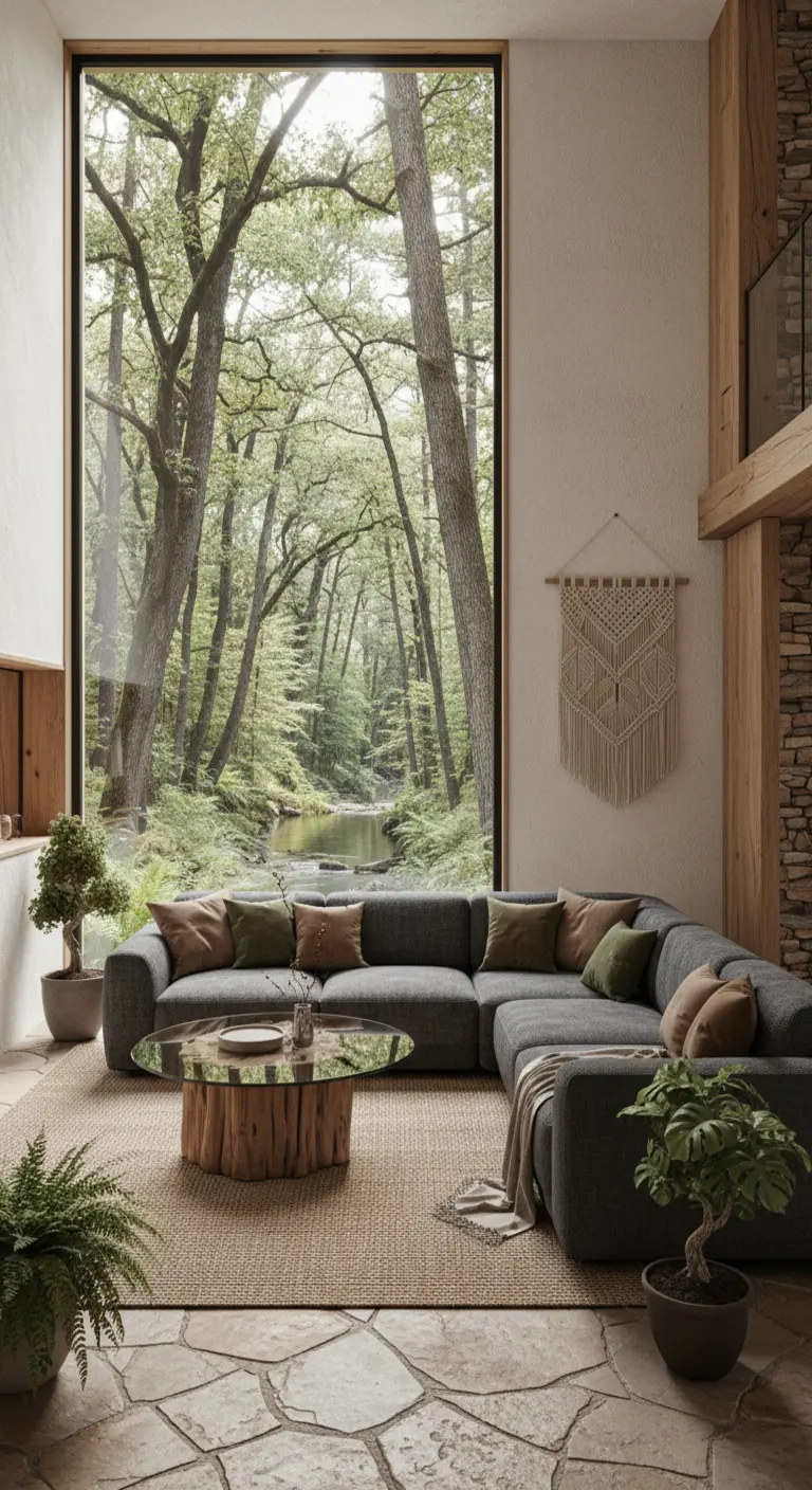 Soggiorno con divano grigio di fronte a una vetrata a tutta altezza con vista su un bosco.