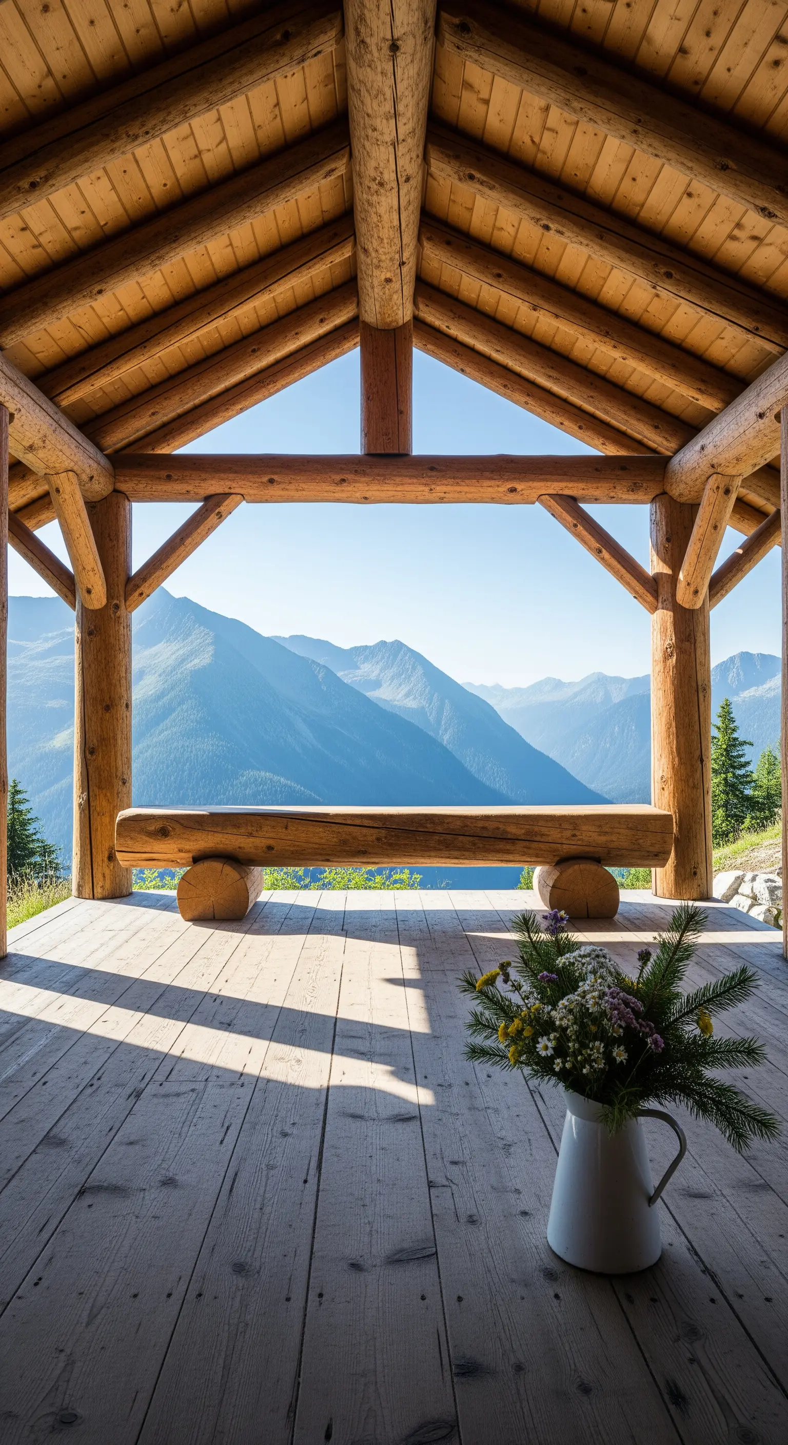 Portico in tronchi di legno con panca grezza che si affaccia su un panorama montano.
