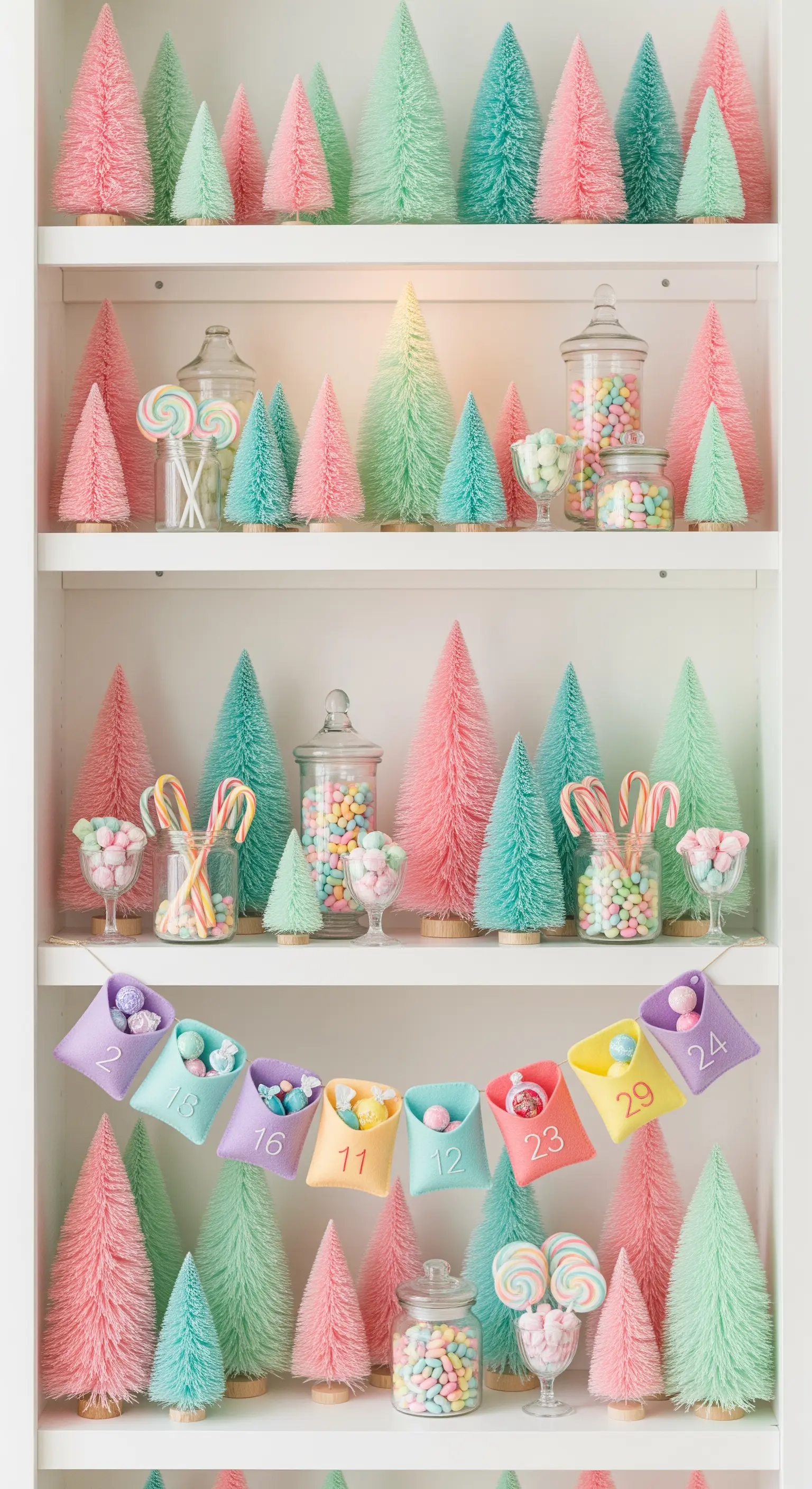 Scaffali bianchi decorati con alberelli e caramelle color pastello.