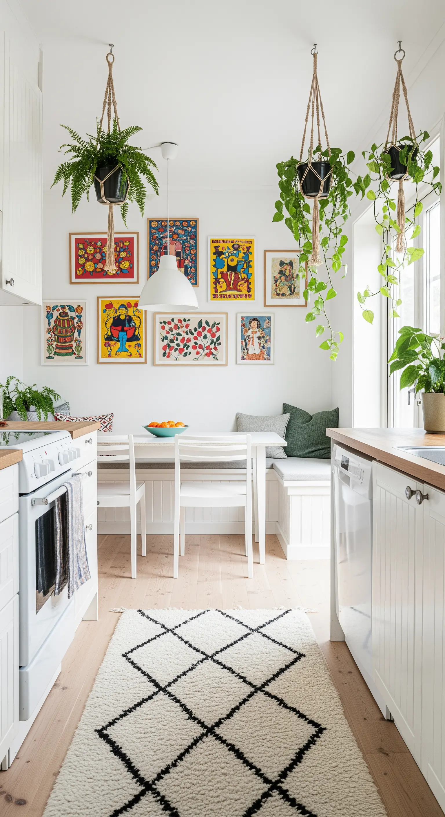 Cucina bianca con panca, parete galleria di stampe colorate e piante sospese in macramè.