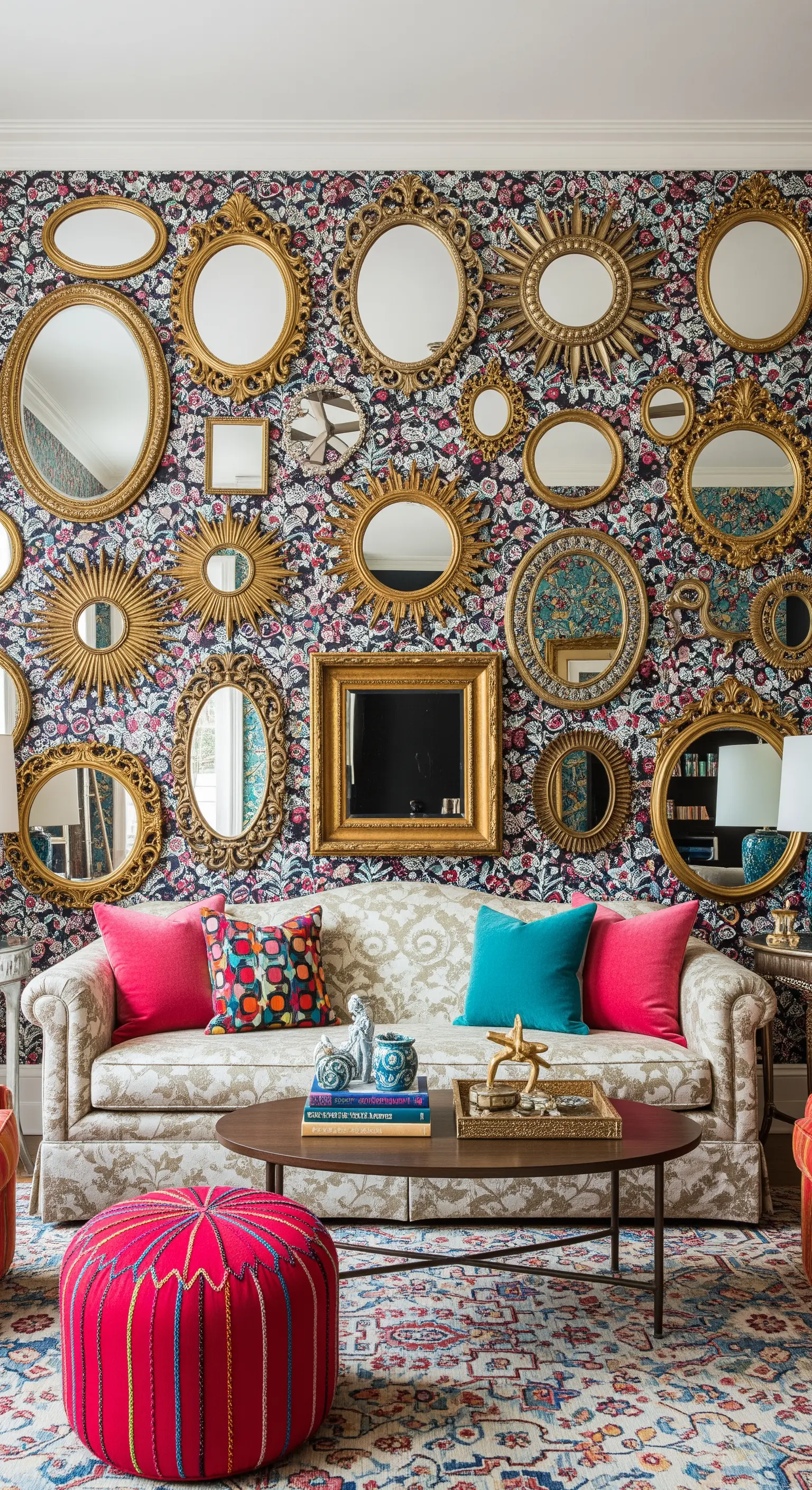 Parete con carta da parati floreale coperta da una collezione di specchi con cornici dorate.