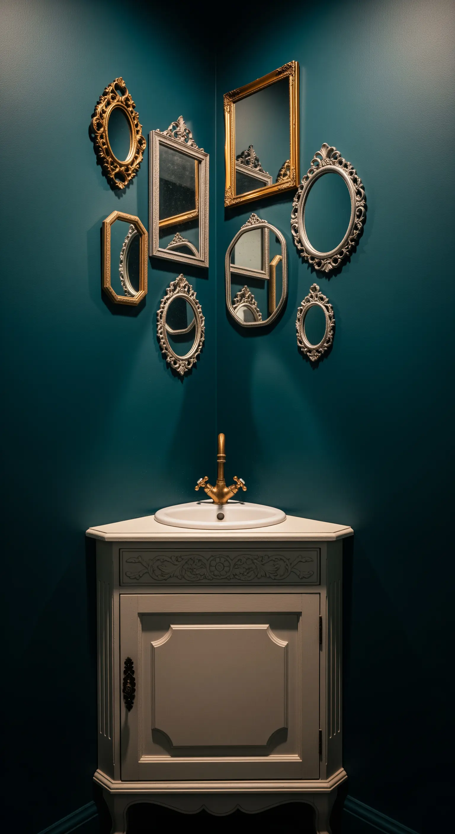 Composizione di piccoli specchi vintage sopra un lavabo angolare in un bagno blu petrolio.
