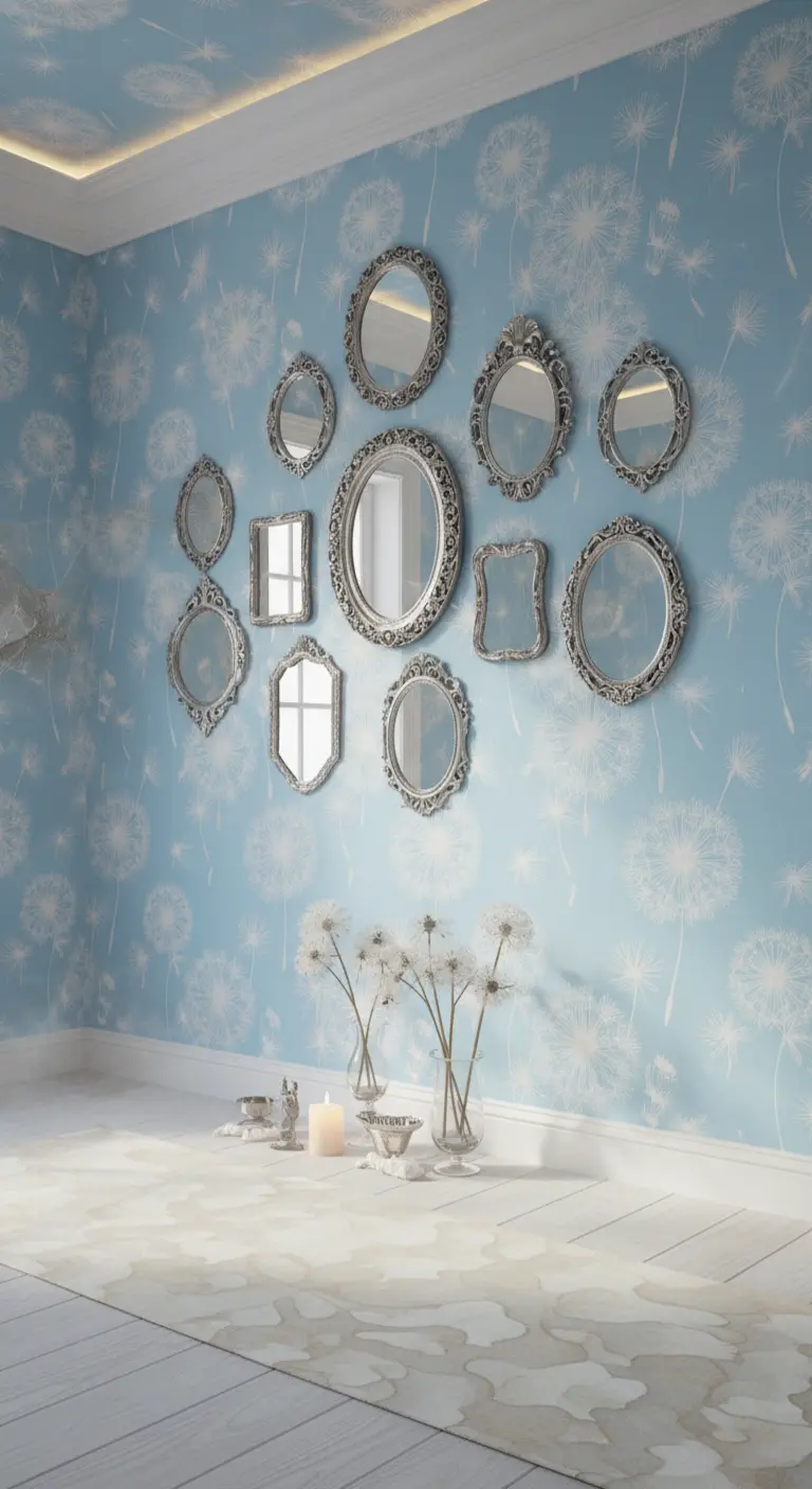 Parete azzurra con carta da parati a soffioni e una collezione di specchi antichi di varie forme.