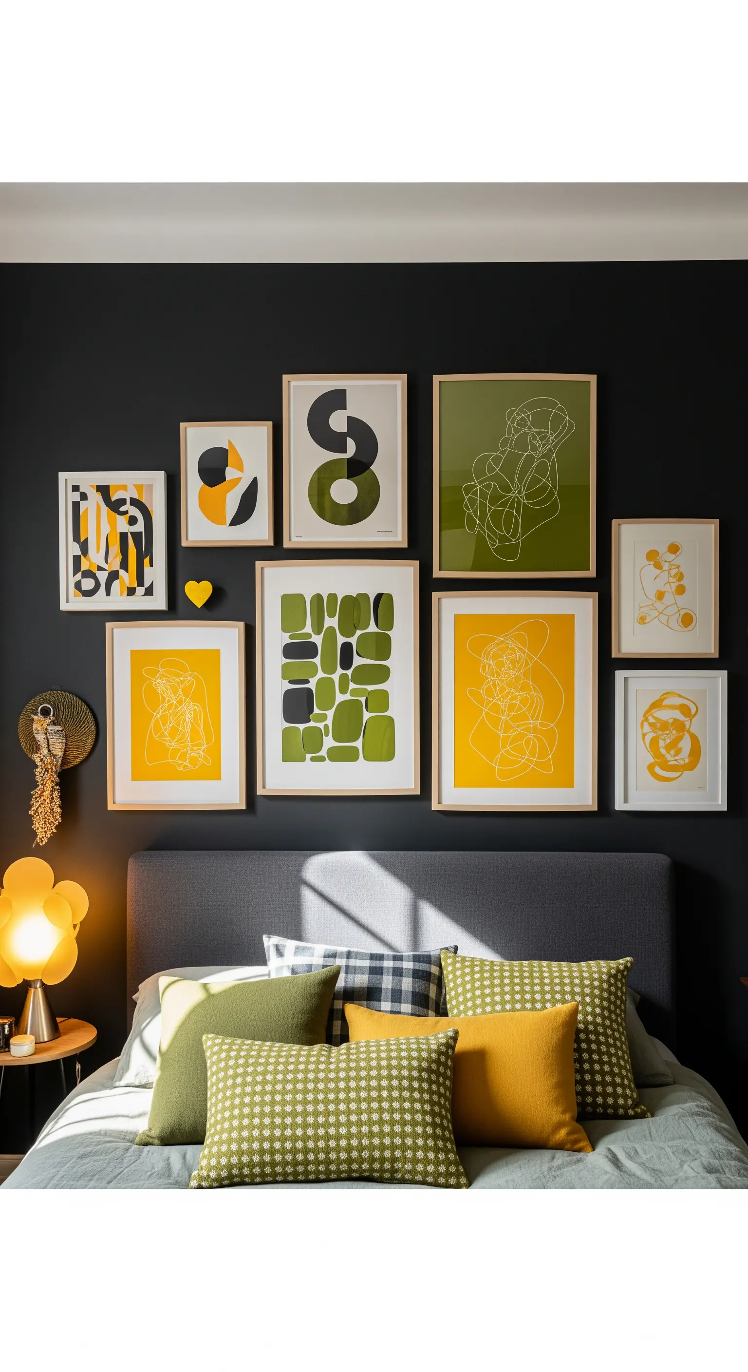 Parete galleria con stampe astratte senape e verdi sopra un letto con cuscini coordinati.
