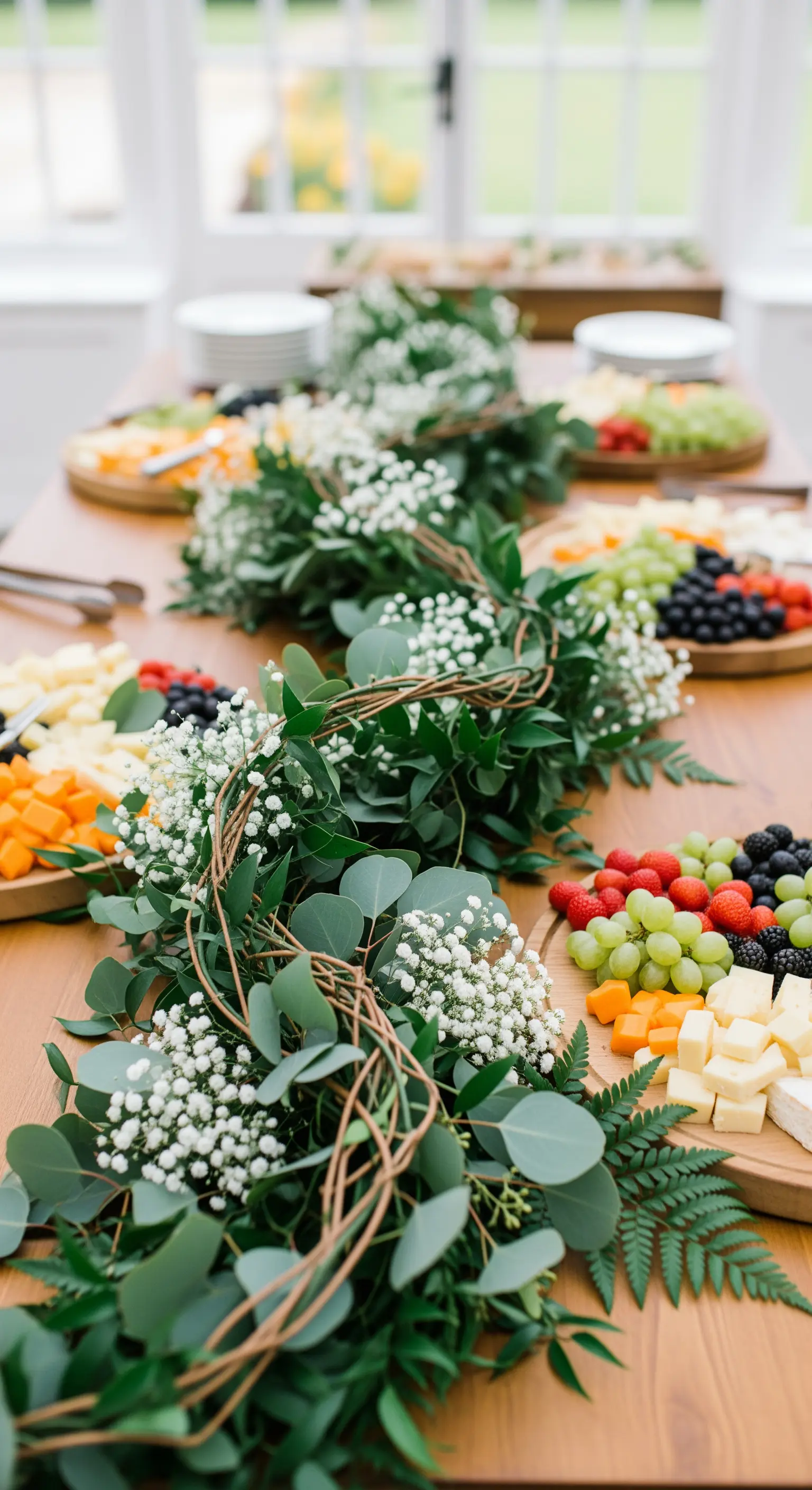 Tavolo da buffet con una lunga ghirlanda di eucalipto e gypsophila come centrotavola.