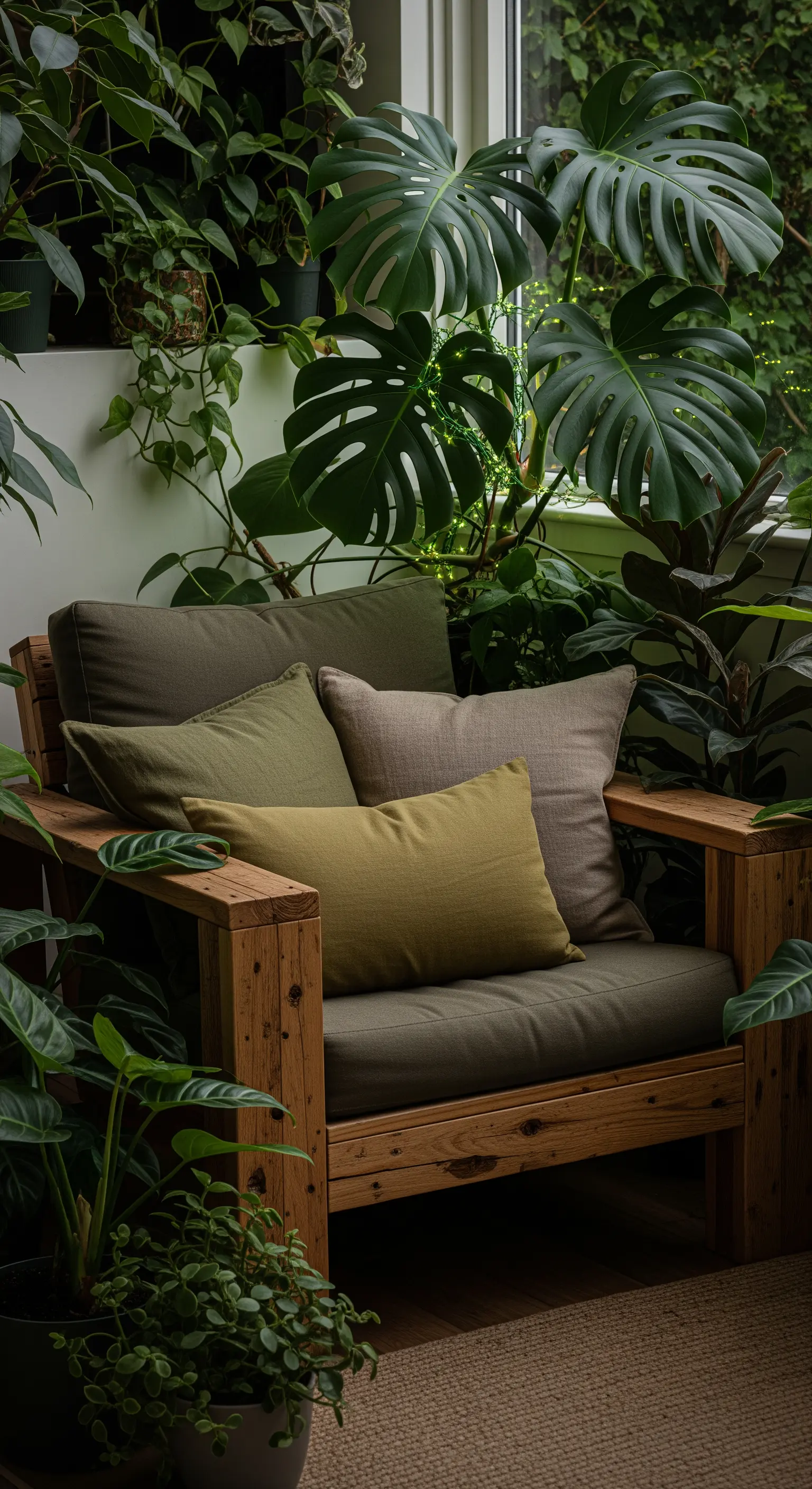 Poltrona in legno circondata da rigogliose piante verdi, con luci nascoste tra le foglie.