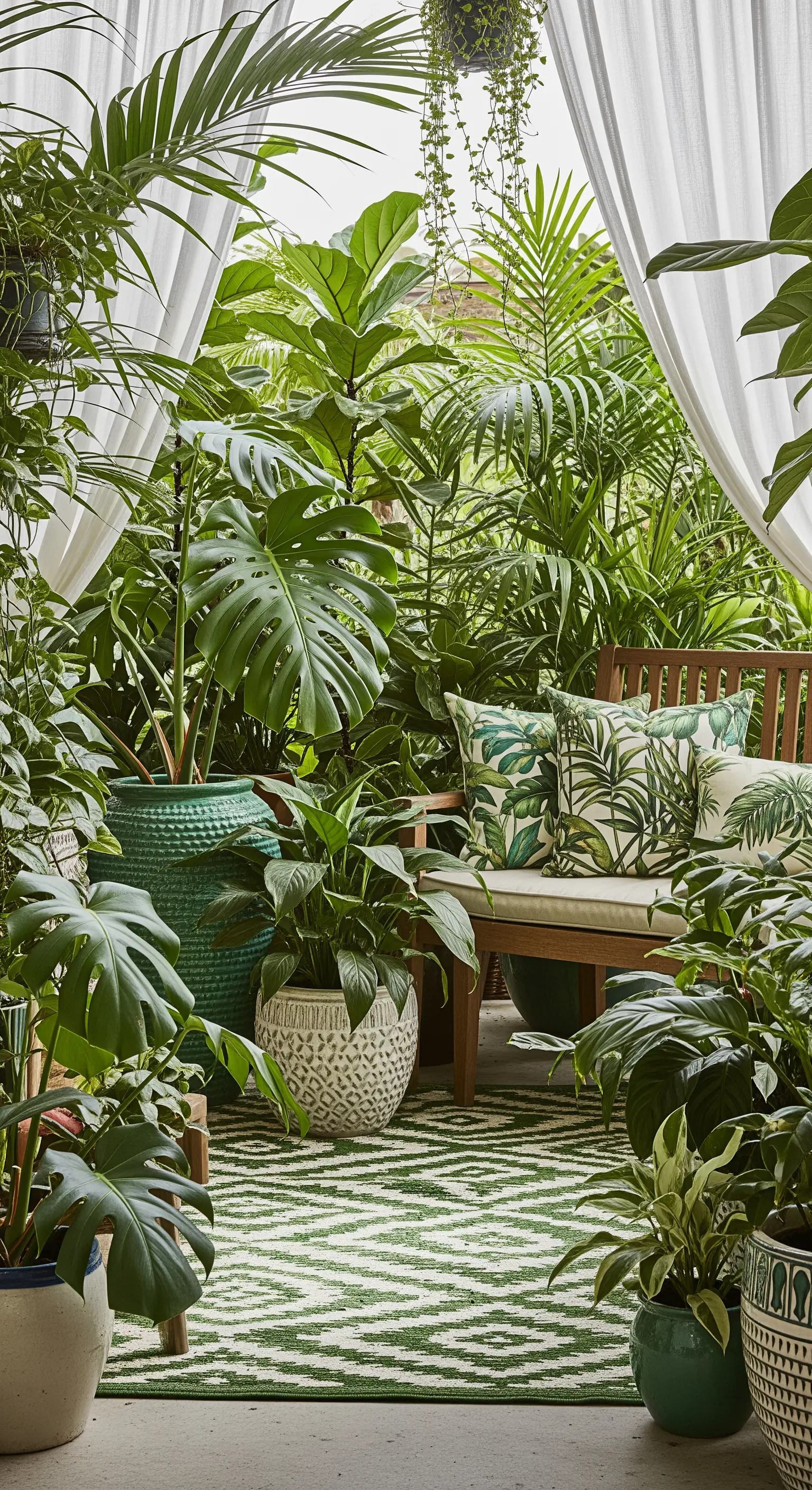 Patio trasformato in una giungla urbana con piante di monstera e cuscini a tema tropicale.