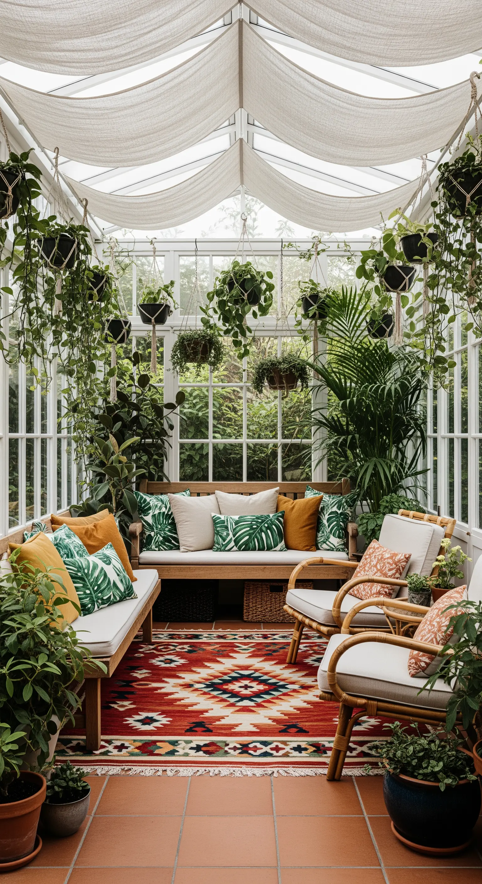 Veranda luminosa piena di piante appese, divani in legno e un tappeto etnico colorato