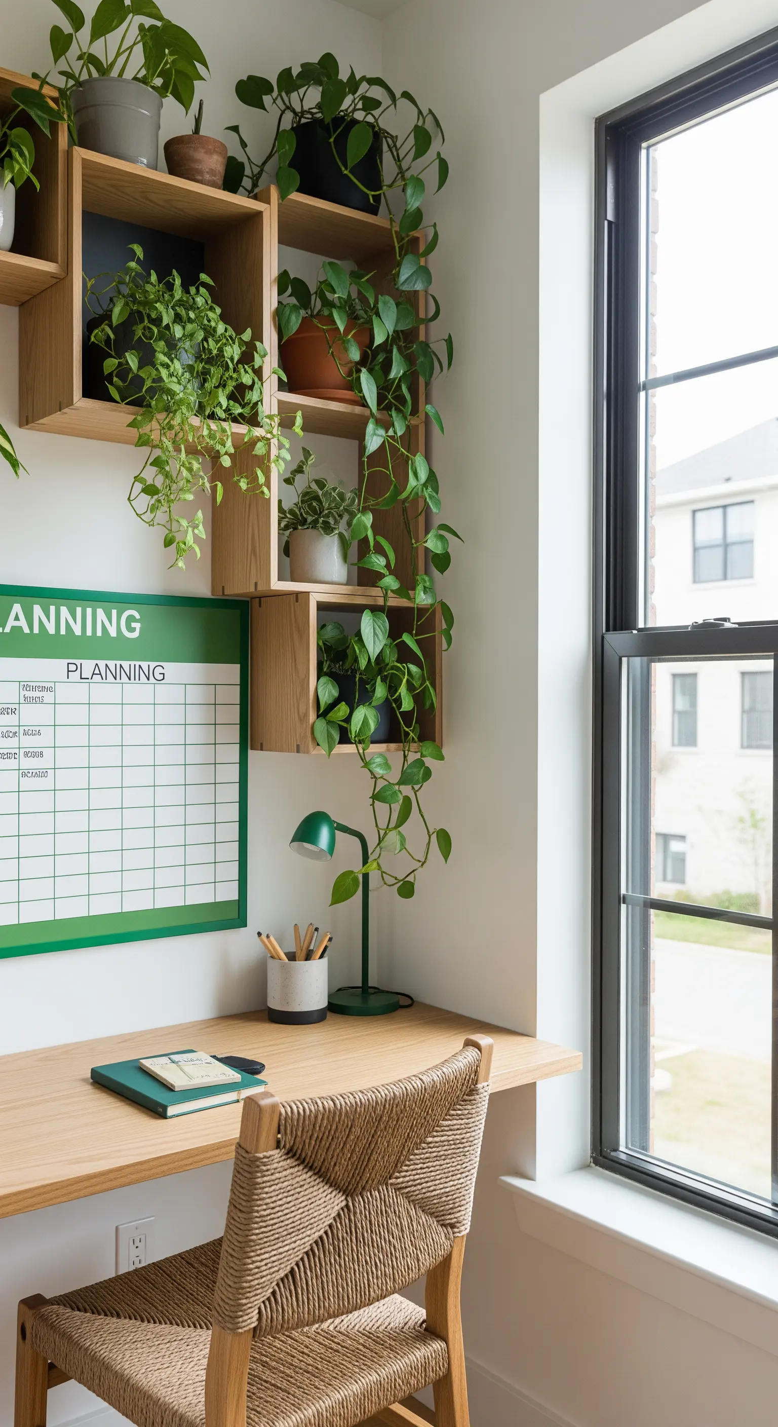 Scrivania in legno d'angolo con mensole a cubo piene di piante verdi rigogliose.