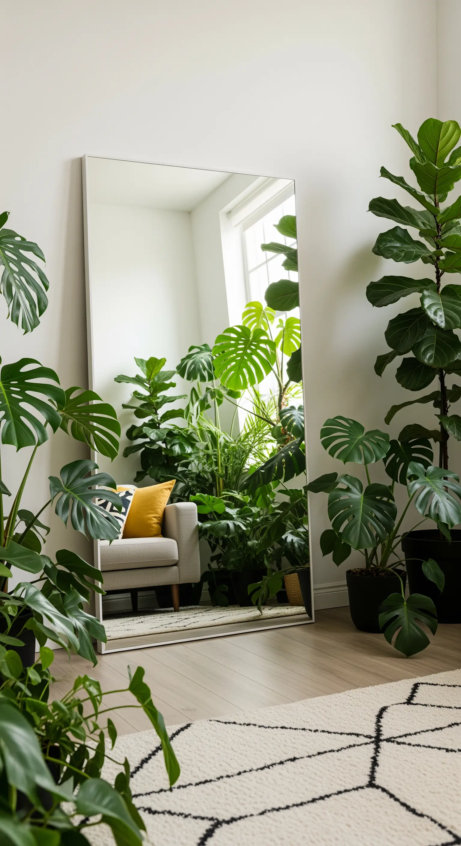 Grande specchio appoggiato a una parete circondato da numerose piante verdi come monstera e ficus.