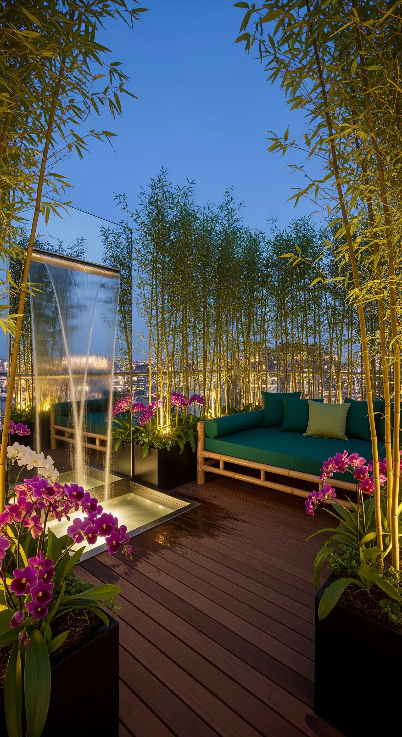 Terrazza panoramica con quinta di bambù, cascata moderna e orchidee illuminate dal basso.