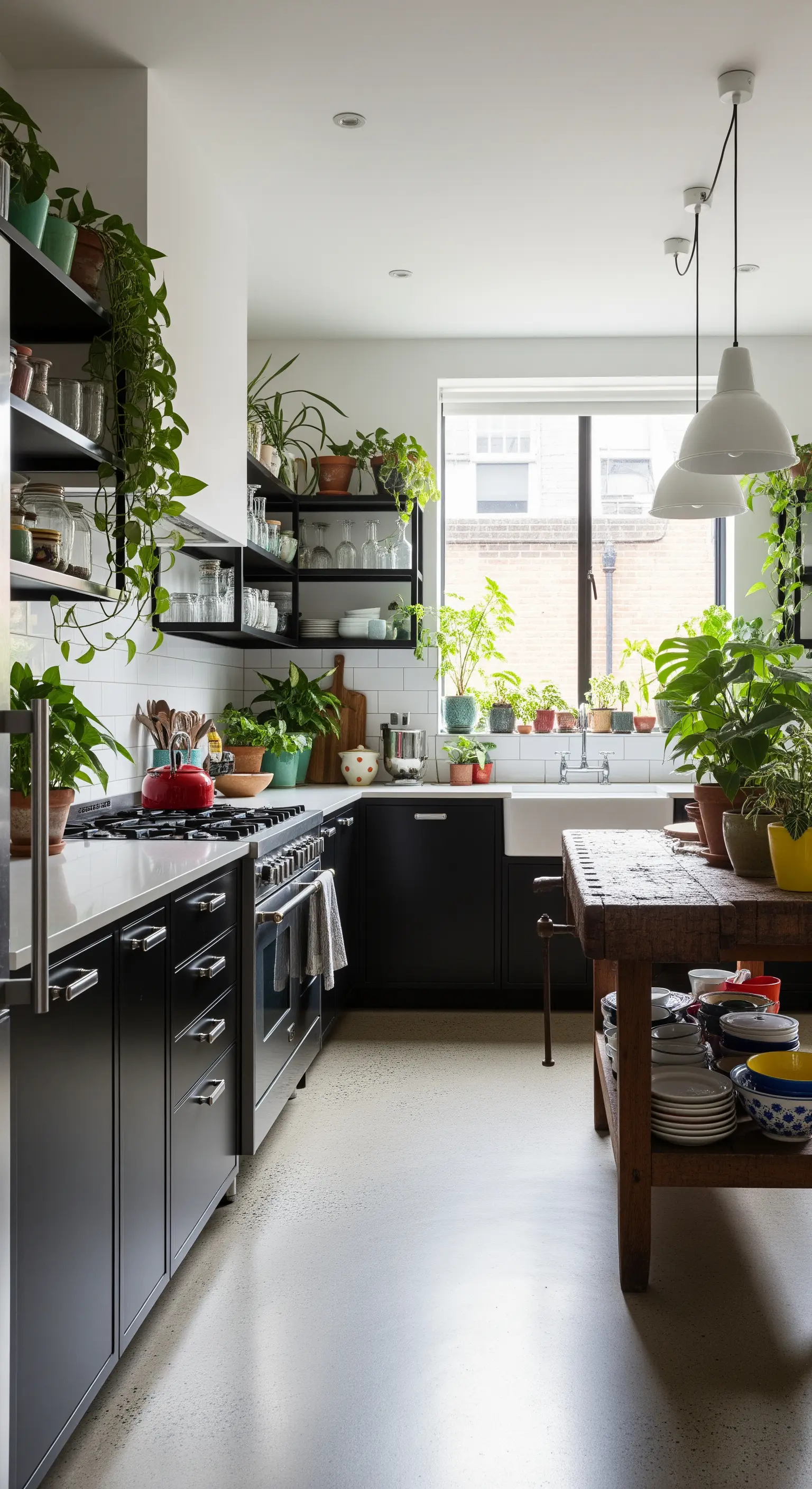 Cucina moderna con mobili neri, mensole aperte e un'abbondanza di piante verdi di varie dimensioni.